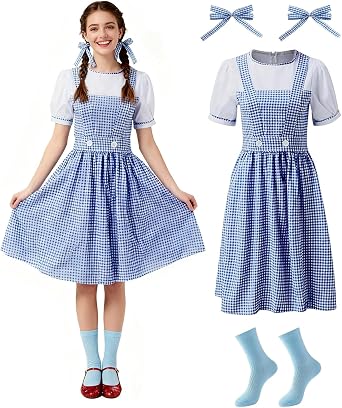 IMISHM Halloween Costumes for Women Girl Storybook Adults Character Costume Blue White Gingham Dress Hair Ribbons sock set