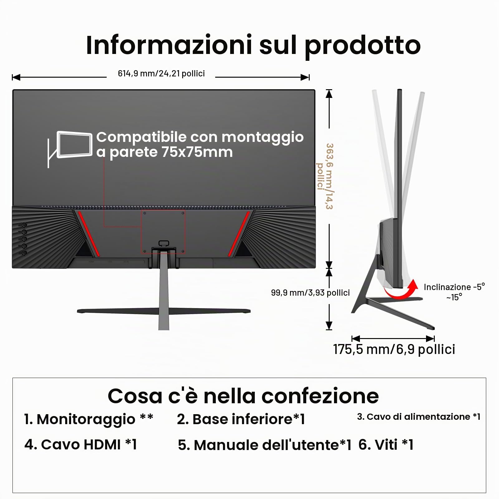 Gawfolk Monitor PC da 27 pollici 4K, Monitor per computer UHD 3840 x 2160p 60HZ con schermo VA per casa e ufficio, supporto HDMI 2.0, DP 1.4 (nero), VESA 75 x 75 mm