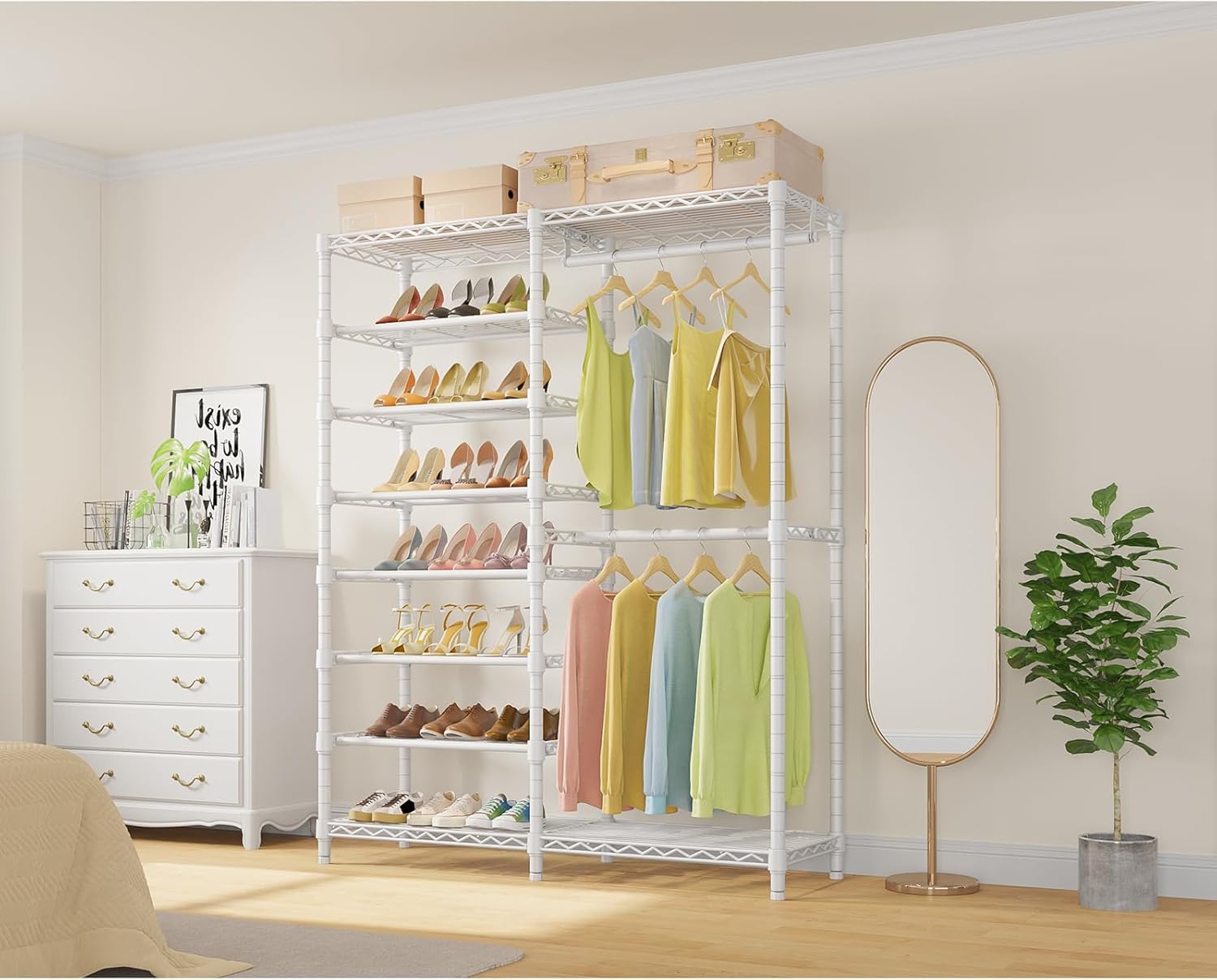 VIPEK S2 Heavy Duty Clothes Rack with Shoe Shelves Freestanding Clothing Rack with 6-Tier Shoe Rack, Double Hanging Rod, Adjustable Shelf, Walk in Closet Organizer Garment Rack, White