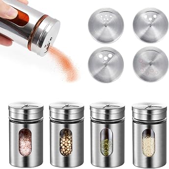Spice Jars Set of 4 Stainless Steel Spice Shakers Spice Jars Spice Jars with Shaker Insert Spice Container for Spices Kitchen Utensils with Viewing Window and 3 Different Hole Sizes 80 ml