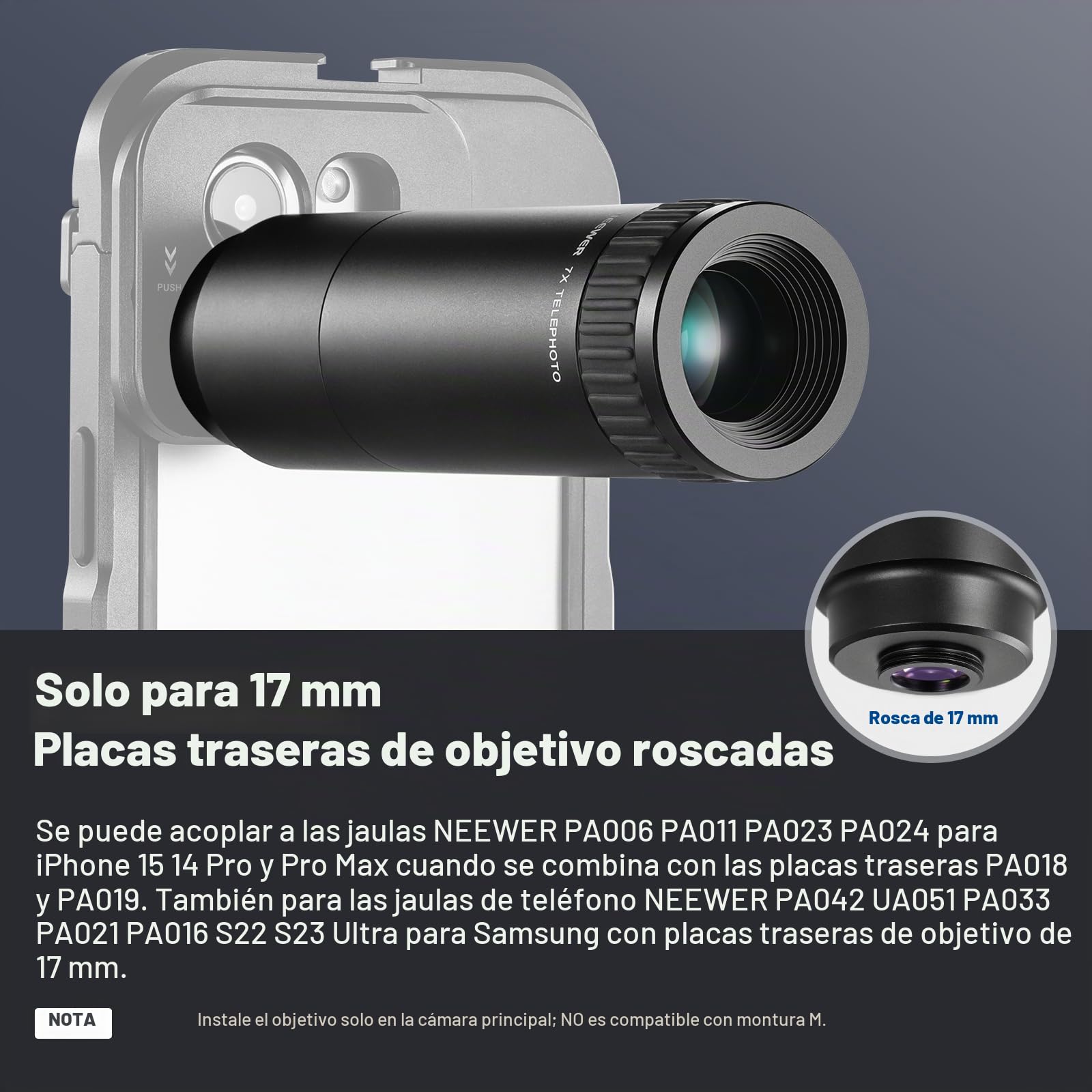 NEEWER Teleobjetivo HD Solo para 17mm Rosca Placa Posterior, Aumento 7X Lente Cámara Teléfono 15 Elementos 12 Grupos Compatible con SmallRig NEEWER iPhone Samsung Cage con 17mm Adaptador Lente, LS-36
