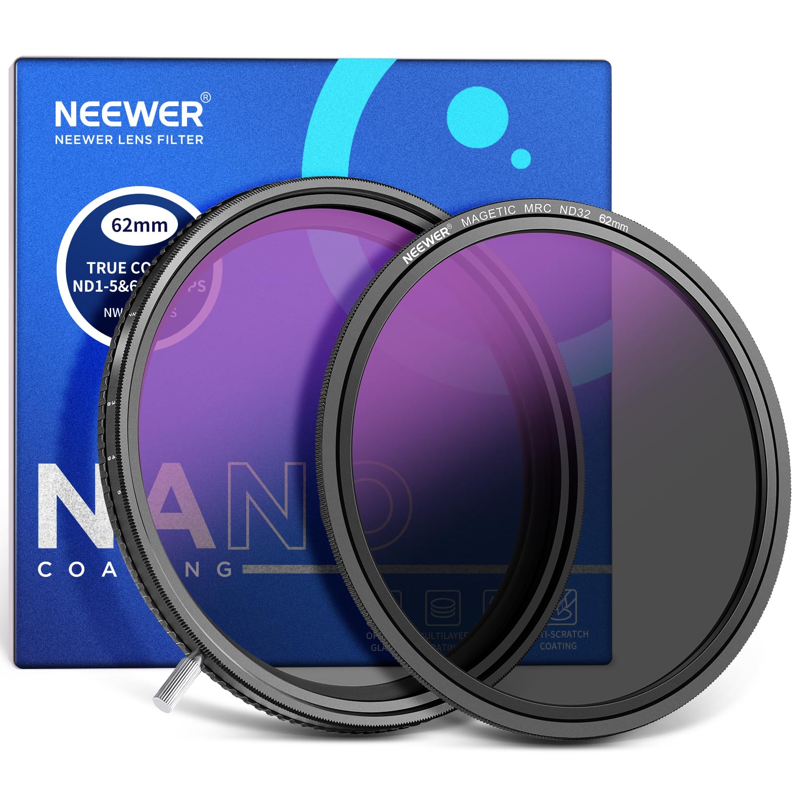 Neewer HD True Colors 62mm Variable ND Filter ND2-512 (1-9 Stops), VND Filter & Magnetic ND32 Lens Filter, Multi Coated Neutral Density Filter, No