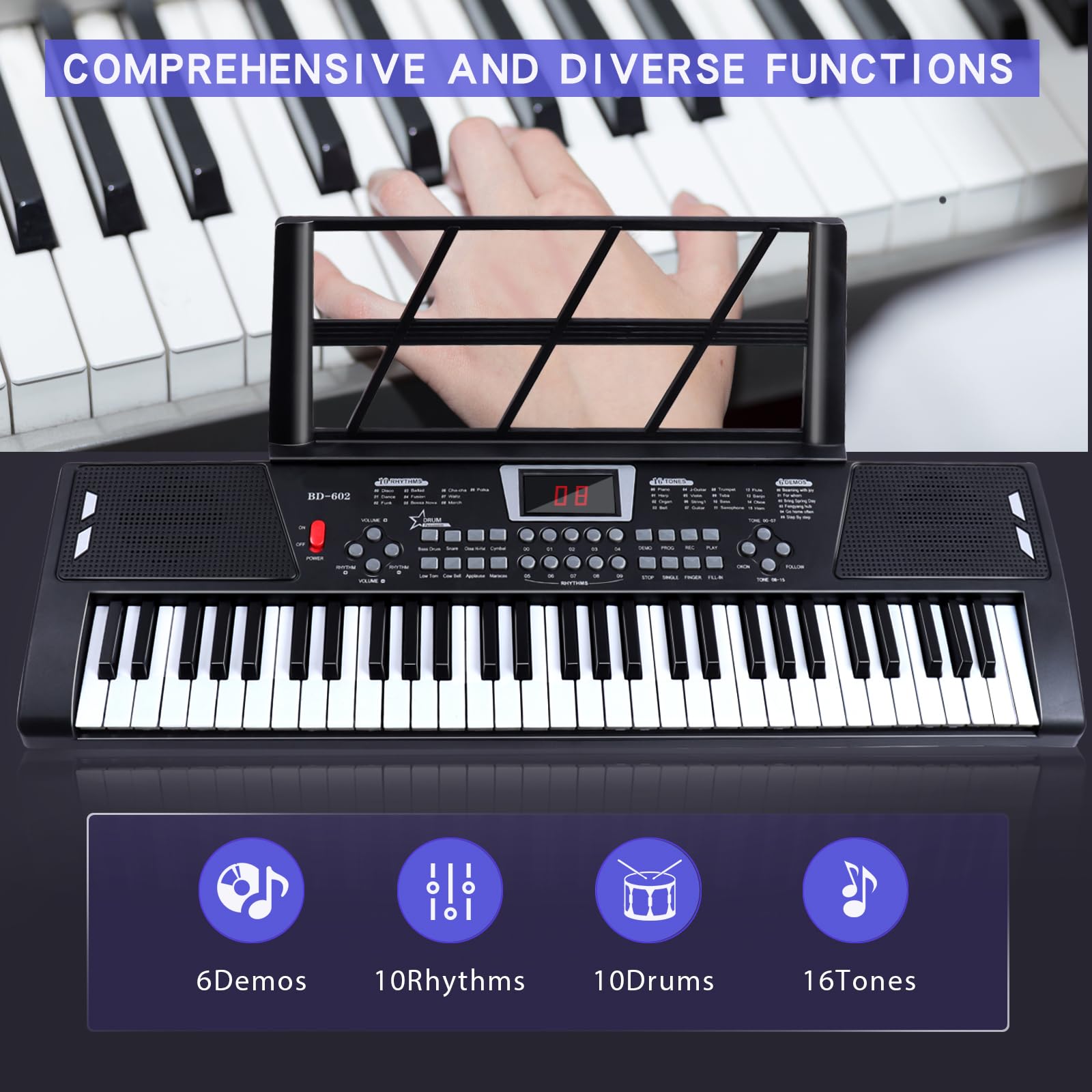 61 key piano keyboard，keyboards piano with Built-In Speaker Microphone, Sheet Music Stand and Power Supply, Portable Electronic Keyboard Piano for Beginners