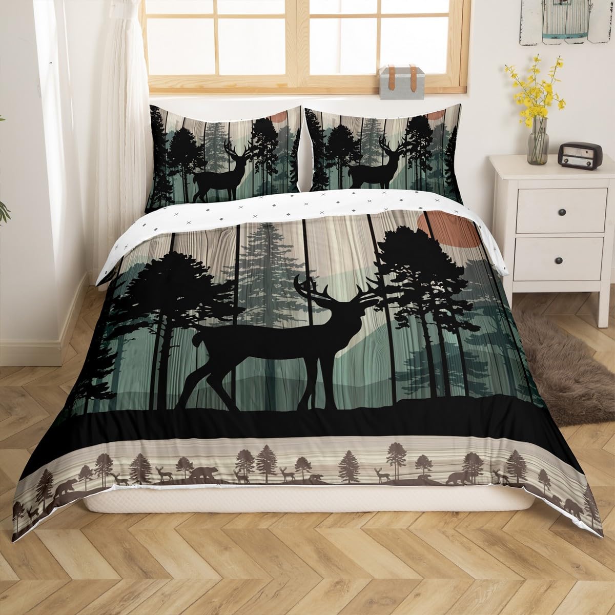 Loussiesd Canbin Deer Duvet Cover Set Deer Hunting Bedding Set for Kids Boys Girls Rustic Farmhouse Comforter Cover Wild Animal Brown Quilt Cover Bedroom Collection 3Pcs Super King Size