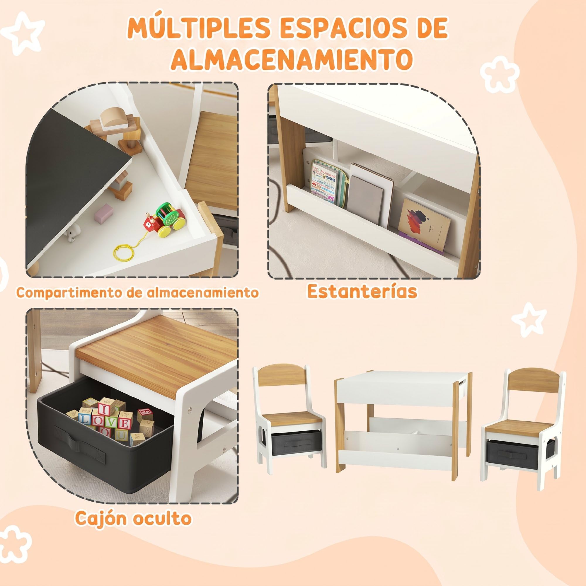 HOMCOM Juego de Mesa y 2 Sillas Infantiles Mesa con Sillas para Niños 3 en 1 con Pizarra Cajones de Tela y Espacio de Almacenamiento para Guardería Sala de Juegos Blanco y Natural