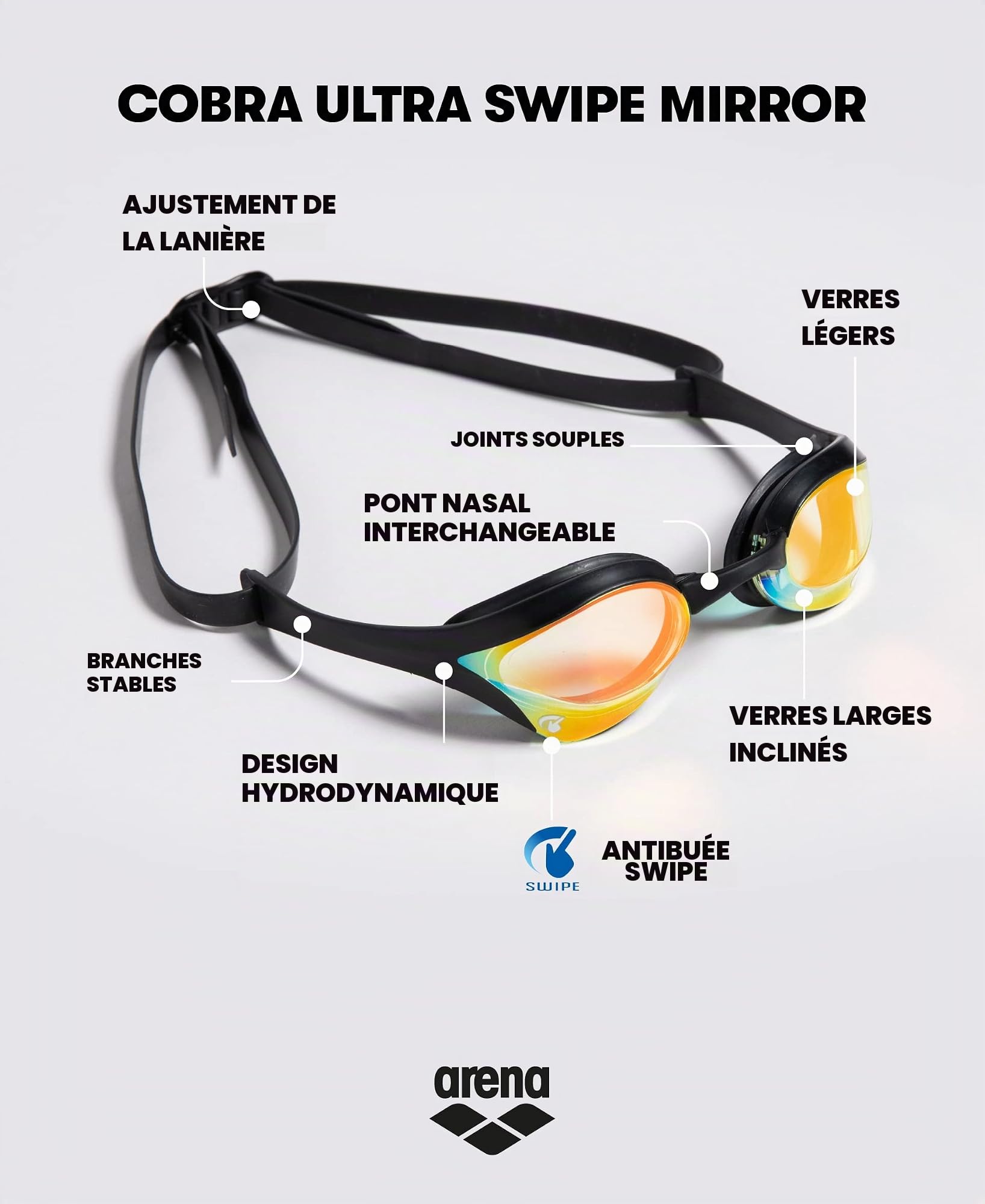 arena Cobra Ultra Swipe Mr Lunettes De Plongée Homme, Yellow Copper-Blue, Taille Unique & Swim Goggle Case, Étui pour Lunettes de Natation, Étui Rigide, Couleur Noire