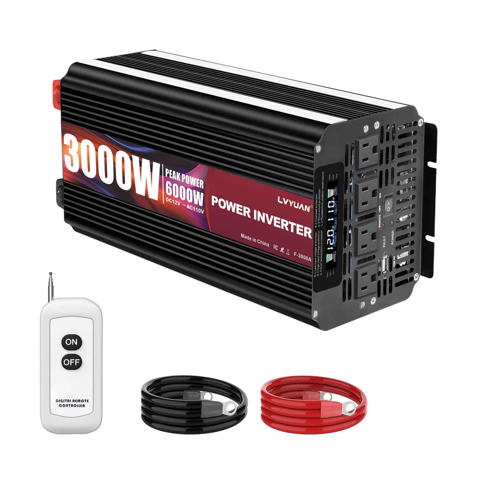 LVYUAN 3000 Watt Power Inverter 12V to 110V 120V for Vehicle, Solar Inverter System, Heavy Duty, RV, Truck, Off Grid,Camping with 4 AC Outlets, LCD Display, Wireless Remote Control, Car Power Inverter
