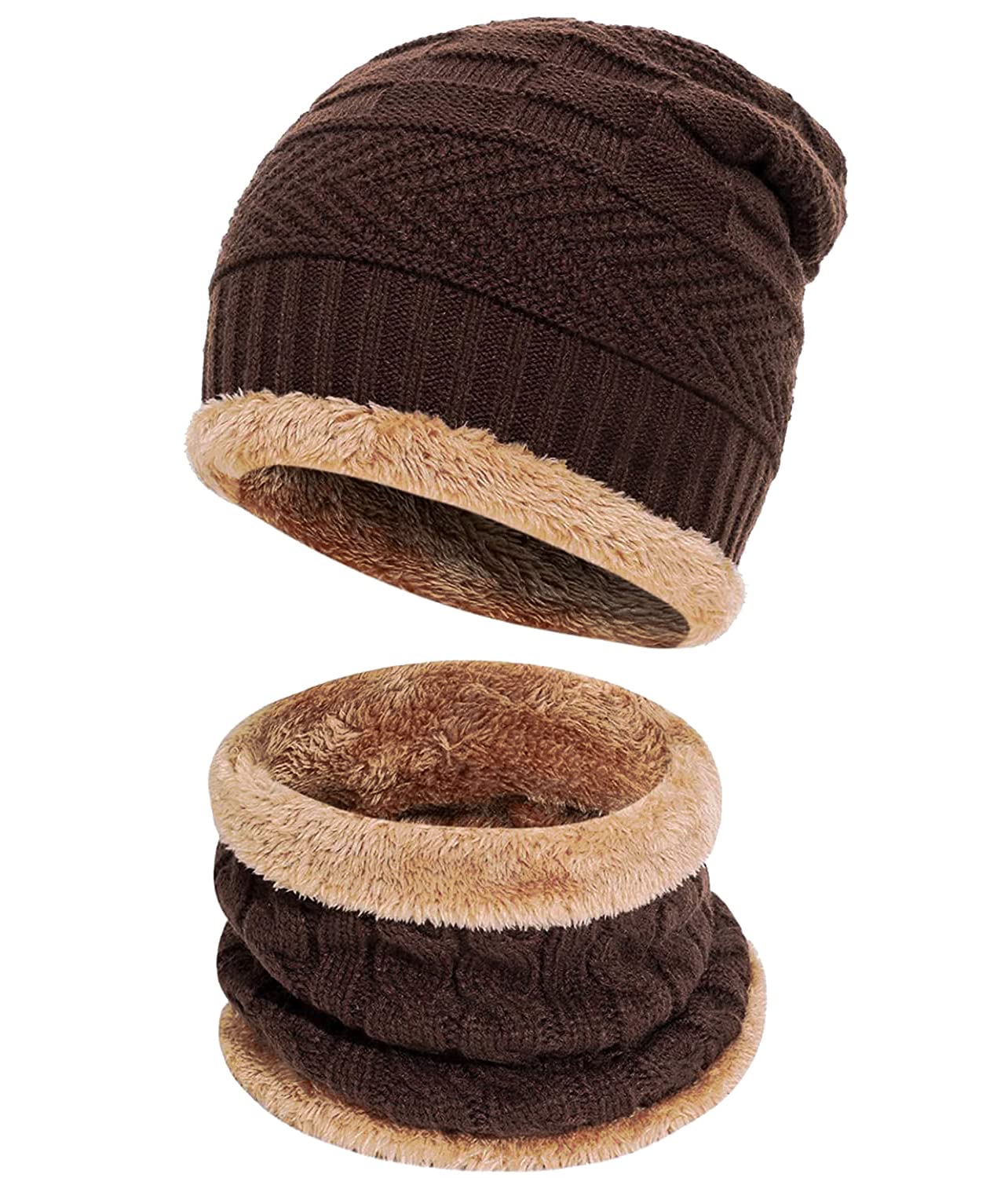 Weavers Villa Unisex Acro Wool Beanie Cap With Neck Warmer Set (Pack Of 2 Pieces), Brown, L