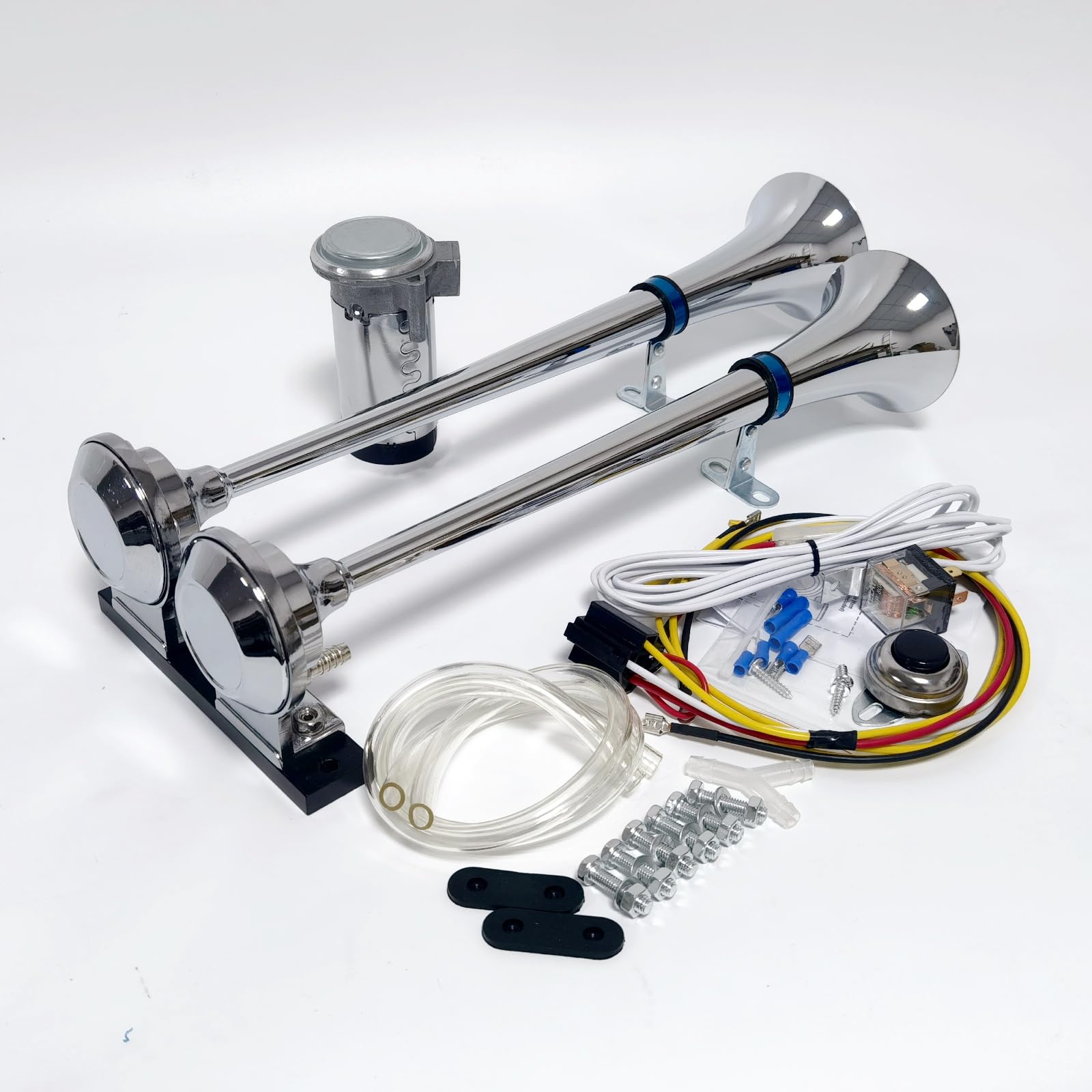 Lufthupe LKW Horn Autohupe Lautsprecher 12V Chrom Zink Elektrisches Horn Car Air Horn Trompete Silber High und Low Ton Doppelrohr mit Luftpumpe Car Horn für 12V Auto LKW Moto Yacht etc
