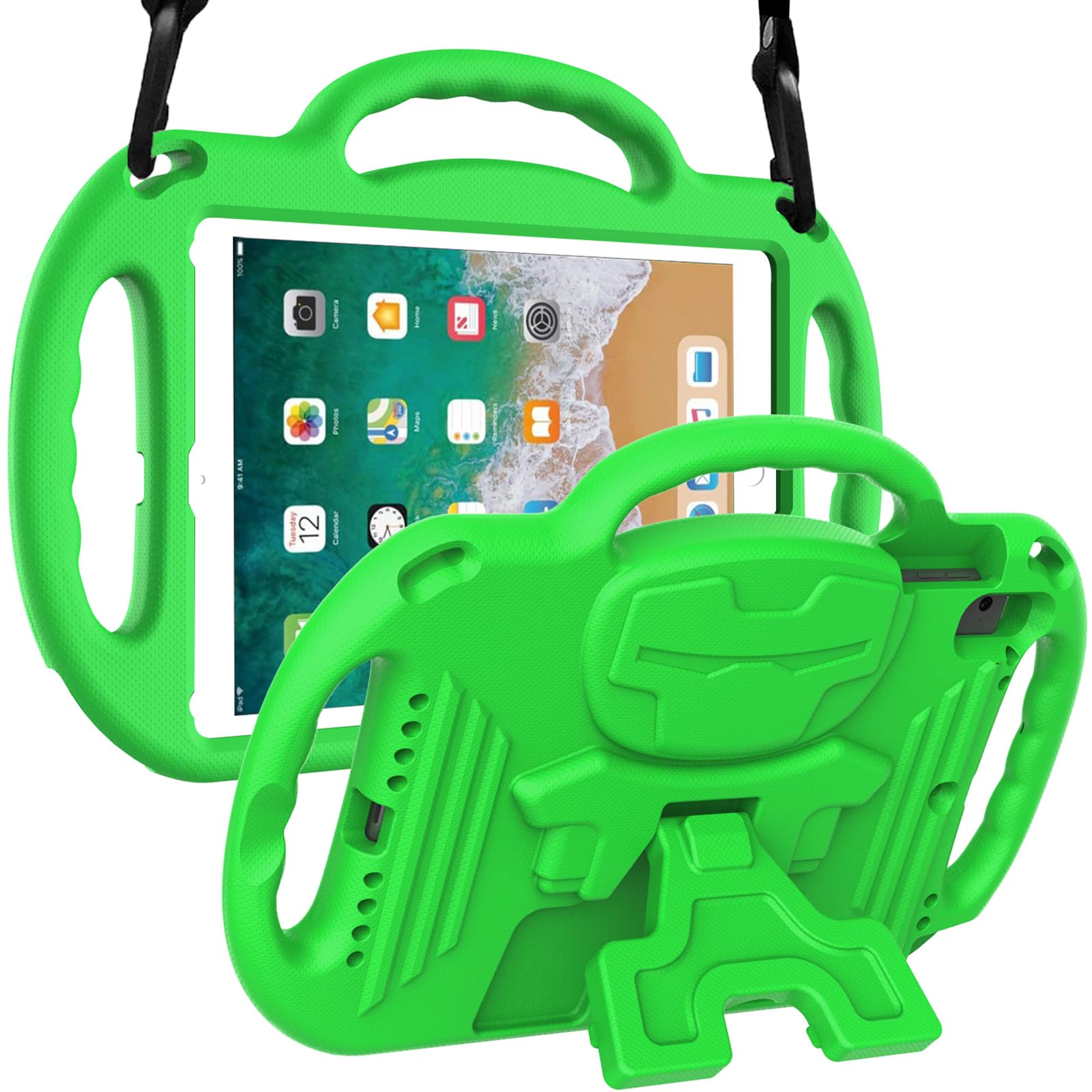 LTROP Kids Case for iPad 5th/6th Generation (2017/2018) & Air 2, Shoulder Strap Handle Stand Shockproof Bumper Cute Kid Case for iPad 9.7 Inch, Green