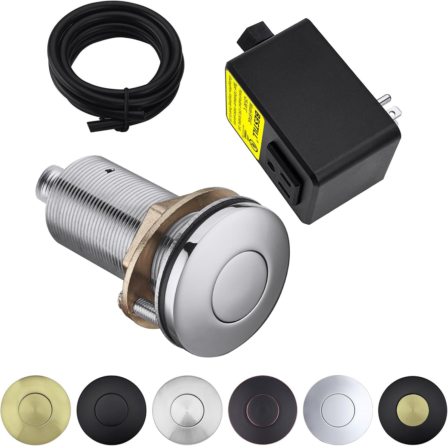 BESTILL Garbage Disposal Air Switch Kit - UL Listed, Brass 3.6" Long Push Button for Waste Disposer, Cordless Sink Top Switch Button, Polished Chrome, Compatible with all Garbage Disposals