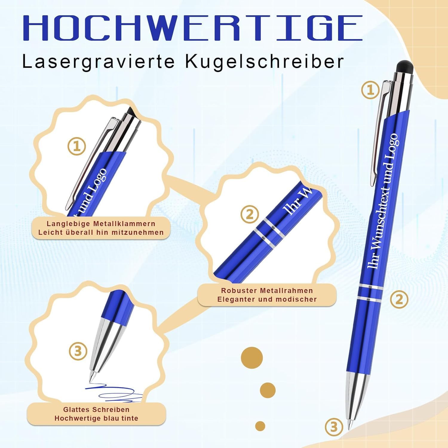 Kugelschreiber personalisieren,personalisierte Kugelschreiber mit Gravur,Werbekugelschreiber mit Logo,Farbmix mit Touchpen,für Unternehmen,Business,Mitarbeiter,10-500 Stück,Blau-A-500