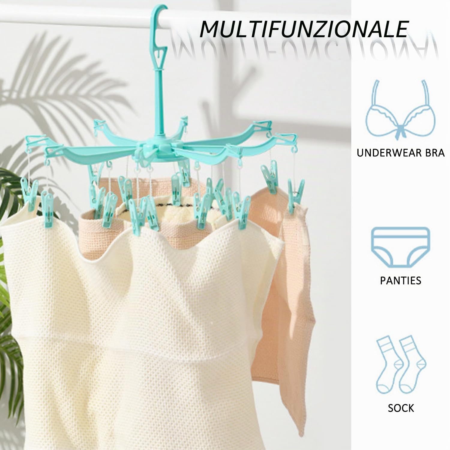 2 stendibiancheria, 16 clip per appendere calze, gancio pieghevole per biancheria intima, stendibiancheria portatile, girevole a 360°, adatto per biancheria intima, calze, asciugamani (blu, verde)