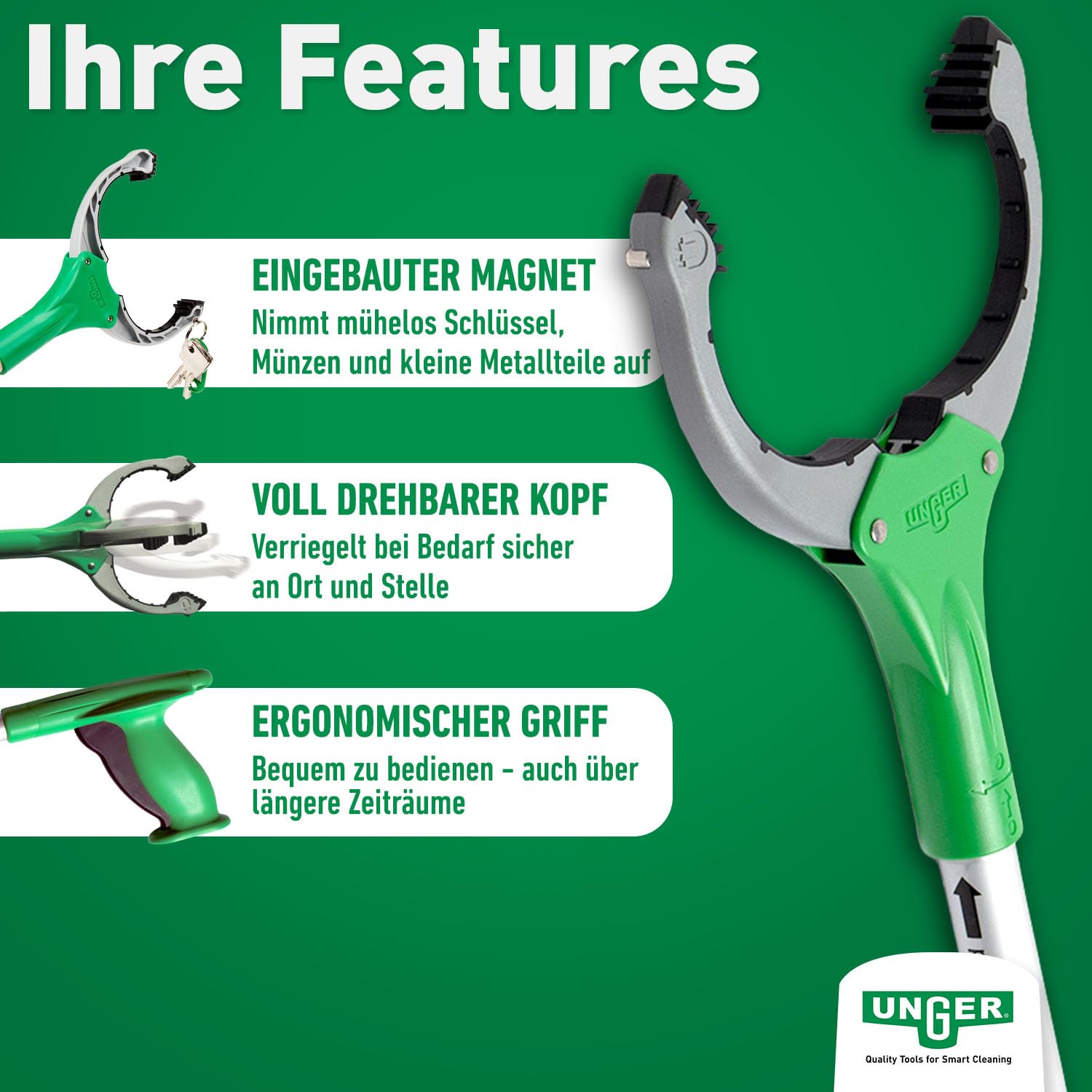 Unger NiftyNabber Trigger Allzweckgreifer (93 cm lang, Müllzange, mit Magnetspitze, Greifkopf 360° drehbar, sehr robust) NT090