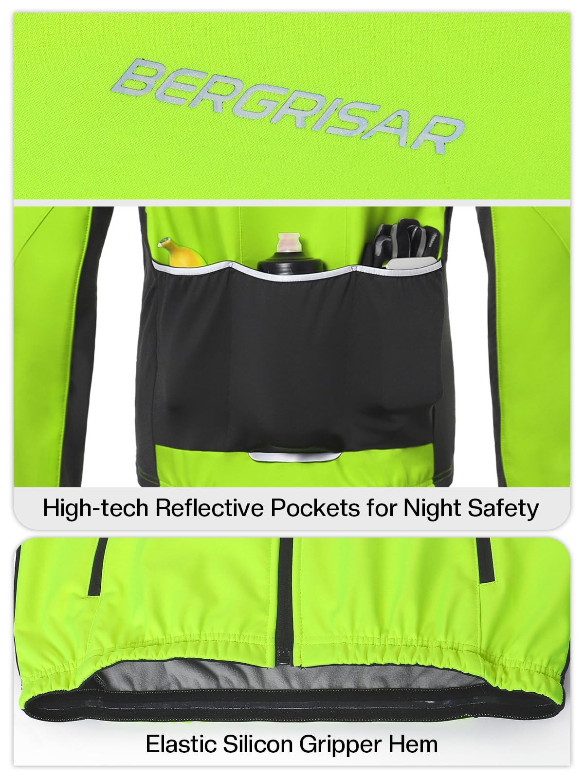 BERGRISAR Giacca Ciclismo Uomo Invernale per Bici MTB Gravel Antivento Termica Impermeabile con 6 tasche
