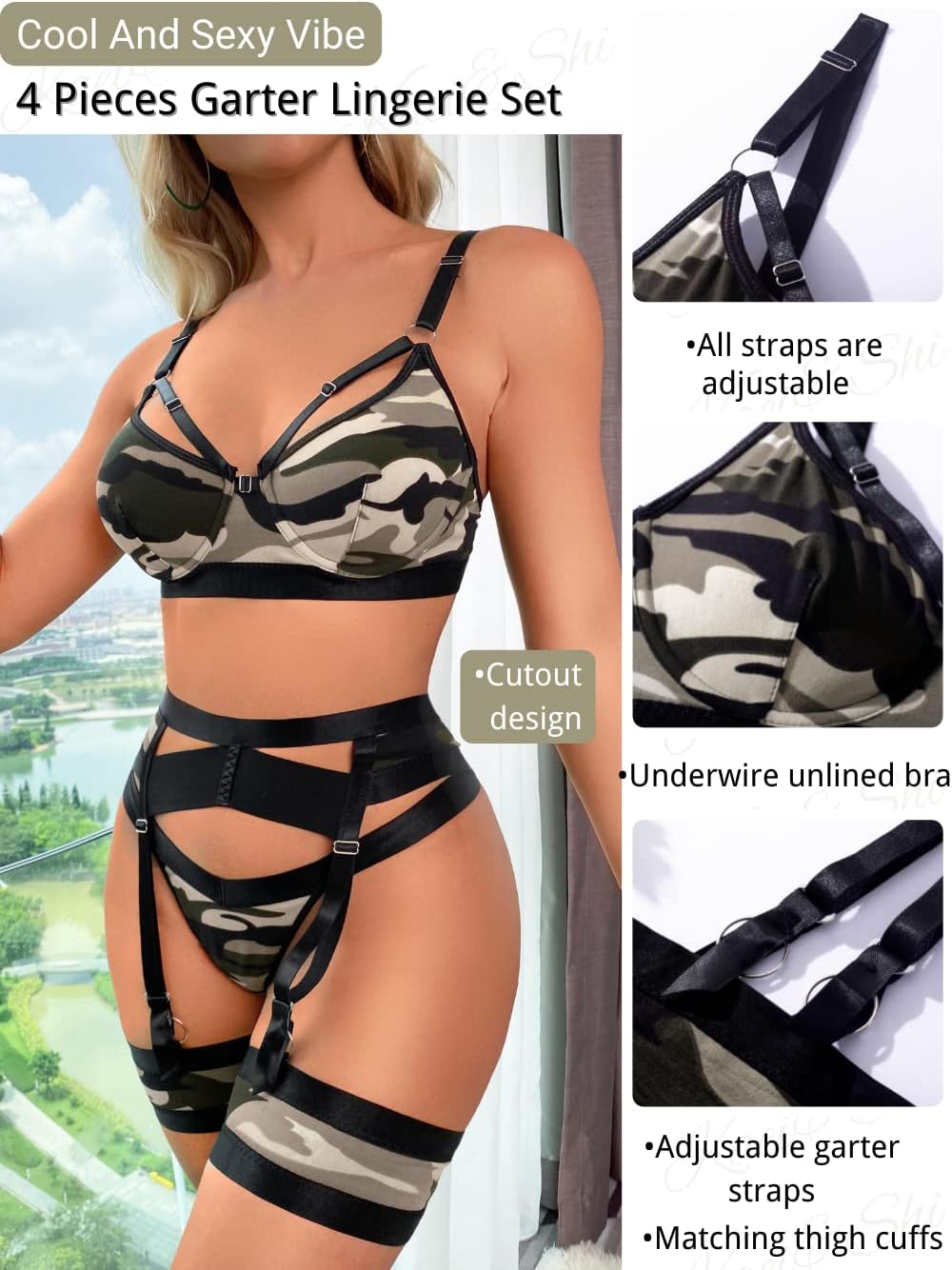 Garter Lingerie for Women,Sexy Lace Lingerie,Sheer Matching 4 Piece Lingerie Set - Image 2