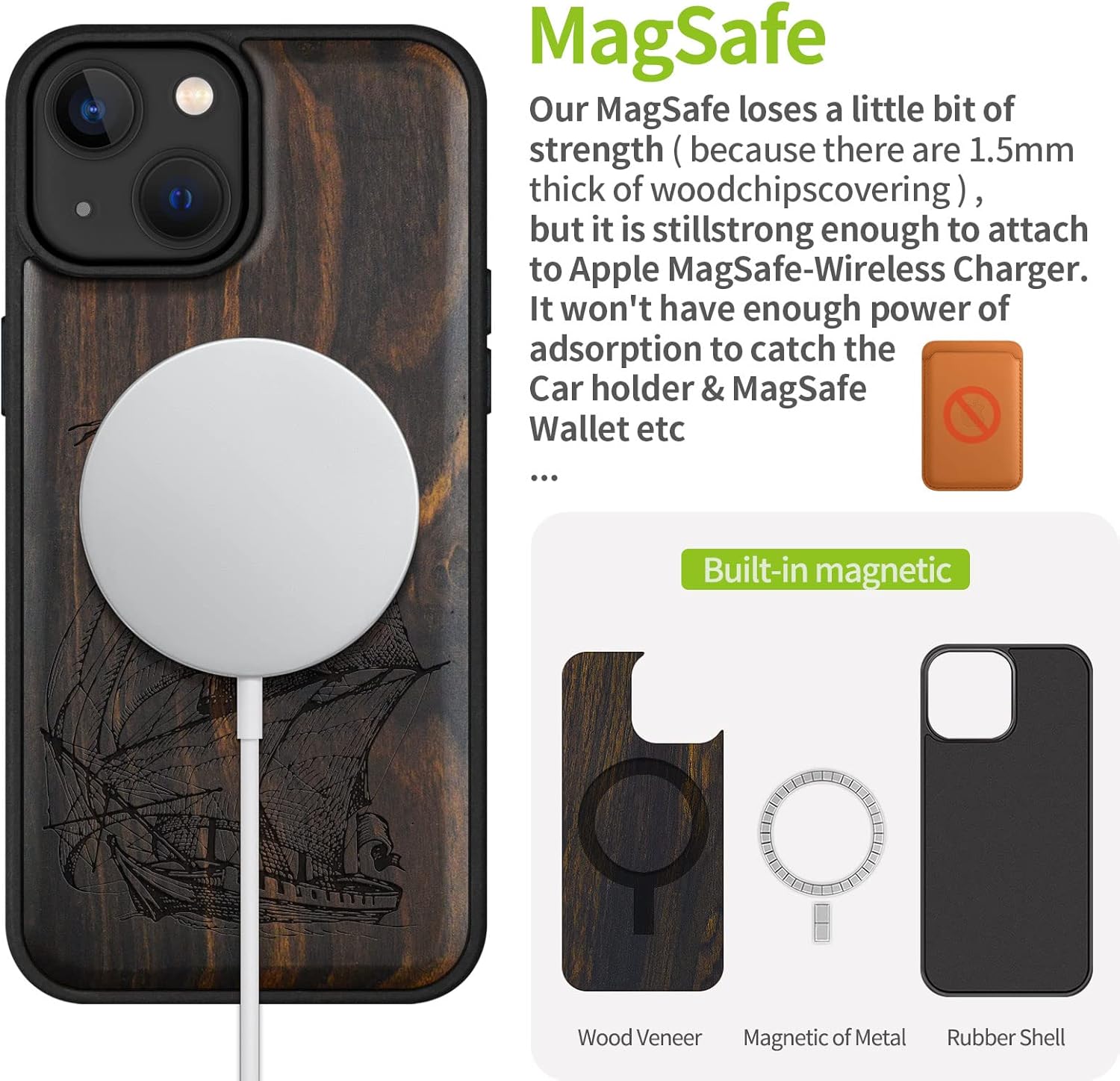 Carveit Magnetic Wood Case for iPhone 14 Case [Natural Wood & Black Soft TPU] Unique & Classy Wooden Shockproof Protective Cover Compatible with magsafe (Pirate Ship -Blackwood)
