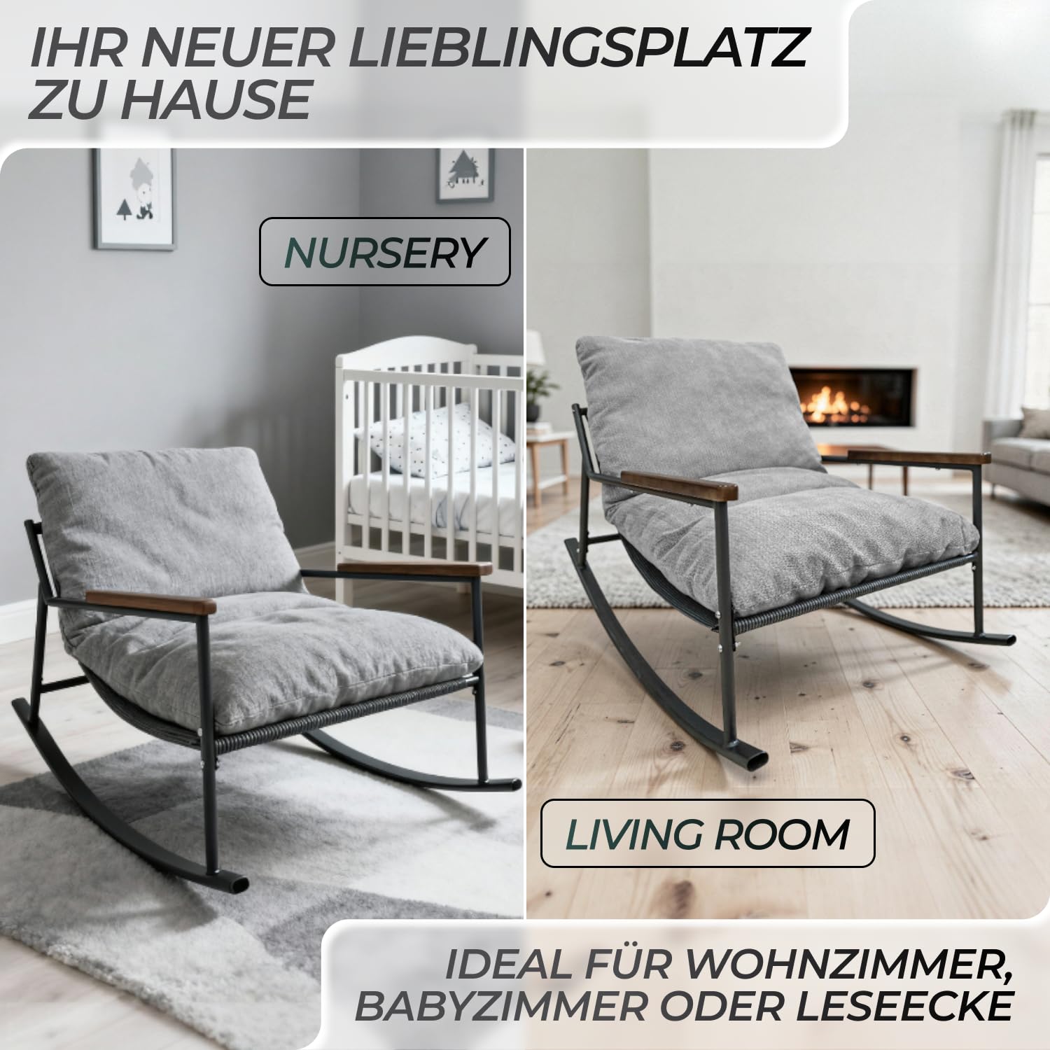 Allyson® Schaukelstuhl & Stillsessel, Cord-Stoff, bis 150 kg, Grau | Geräuschloses Wippen ohne Knarren, hohe Armlehnen entlasten beim Stillen, Schutzstreifen schonen Boden & dämpfen Geräusche