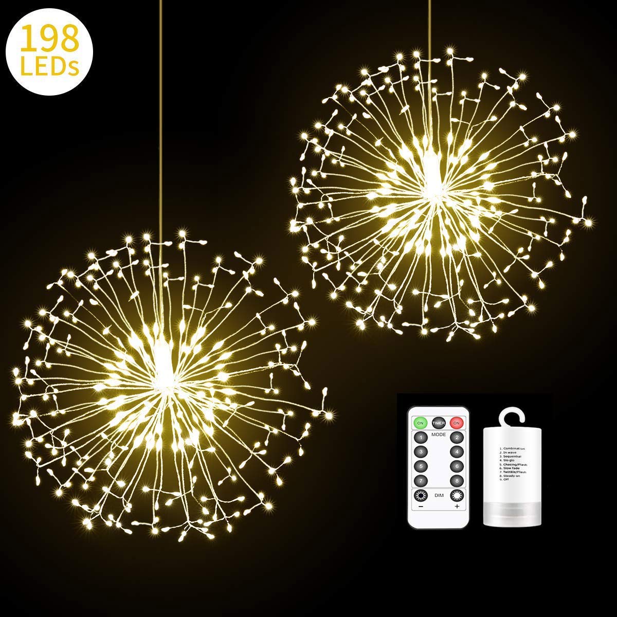 ToifucosToifucos 2 Pack Copper Fireworks Lights, 8 Modes 198 LED Fireworks Starburst Dandelion Fairy Lights Battery Operated DIY Hanging Remote Control Waterproof Decorative for Party, Warm White