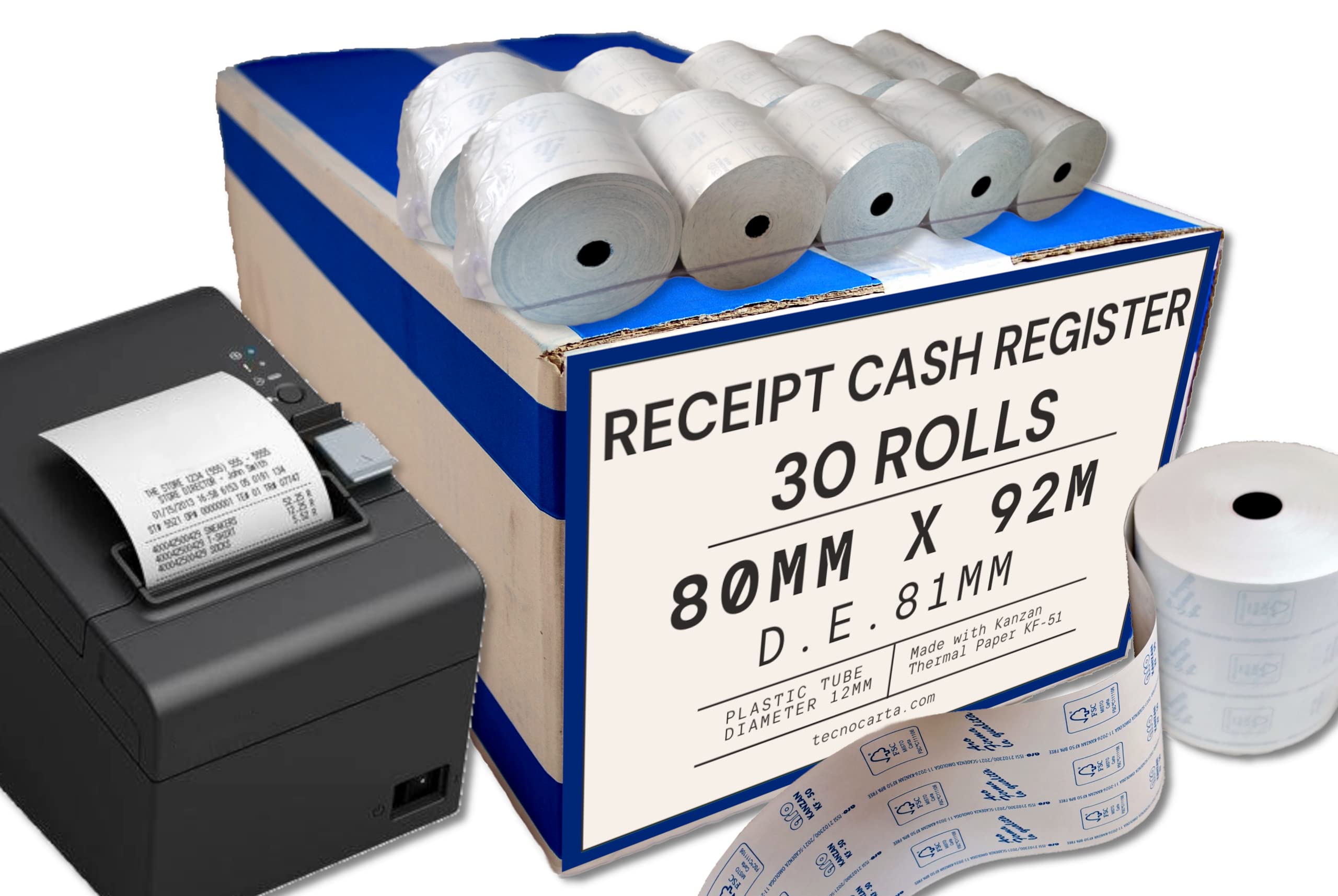 Rollos POS 80 mm x 92 m para registradora de caja - Papel térmico - Diámetro 81 mm - Fabricado en Italia (30 rollos)