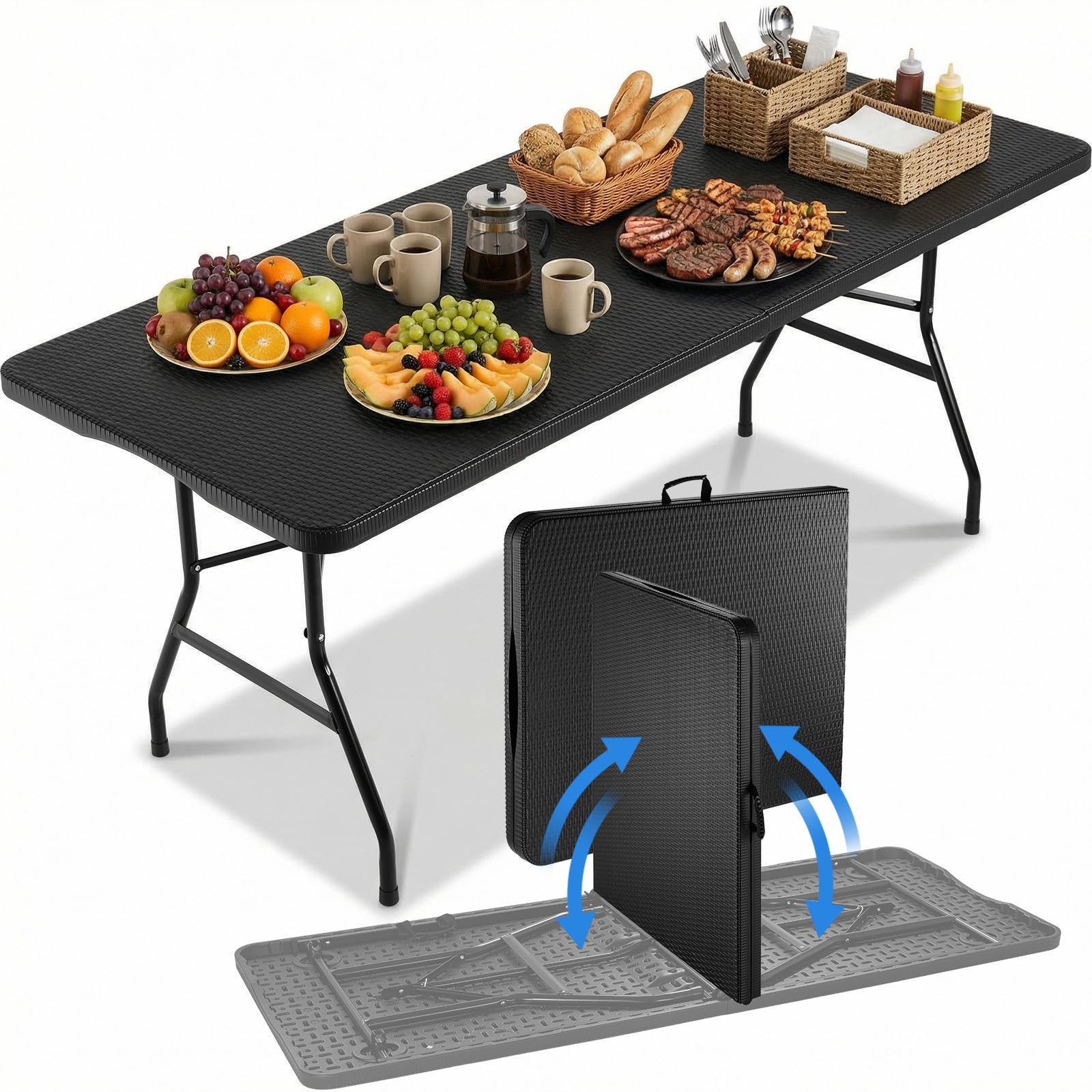 LIFERUN Tavolo da Giardino Pieghevole 180x75 cm,Tavolo da Buffet con Impugnatura di Trasporto,Tavolo Pieghevole in HDPE Plastica per 10 Persone,Ottica in Rattan,Tavolo da Campeggio Tavolo Feste