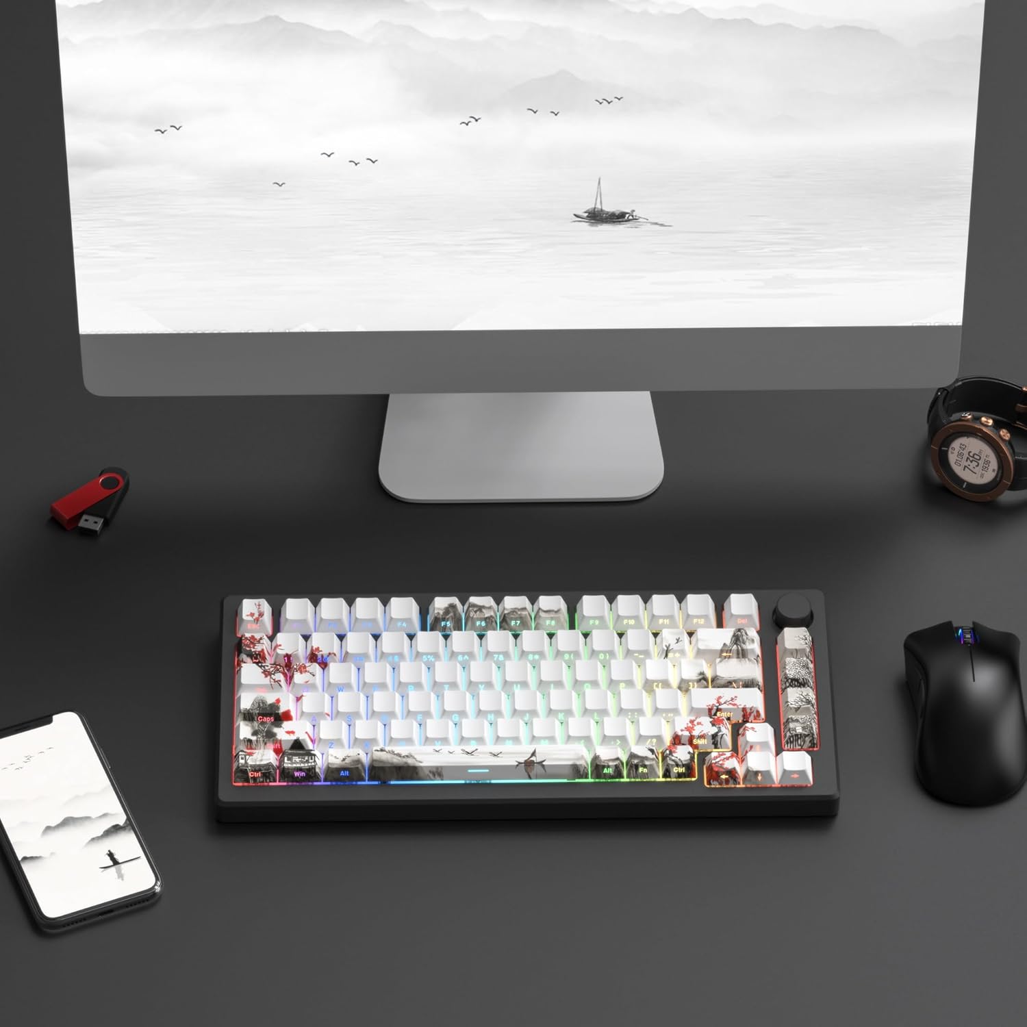 Womier PBT Keycaps Set 130 Keys, Custom White Japanese Keyboard Doubleshot Dye Sub Side Print Shine Through Keycaps 60 65 75 100 Percent, Cherry Profile, Cherry Blossom