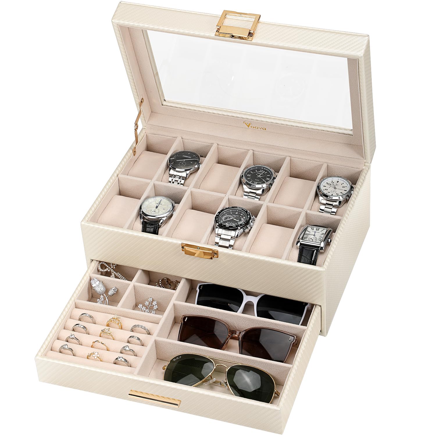 Voova Jewelry Box Watch Boxes Organizer for Men Women, 2 Layer Large 12 Slot PU Leather Watch Storage Case, Glass Top Jewelry Display Holder for Watches Sunglasses Rings Necklaces Bracelets,Apricot (B0CZNZCWZQ) Amazon Price History, Amazon Price Tracker