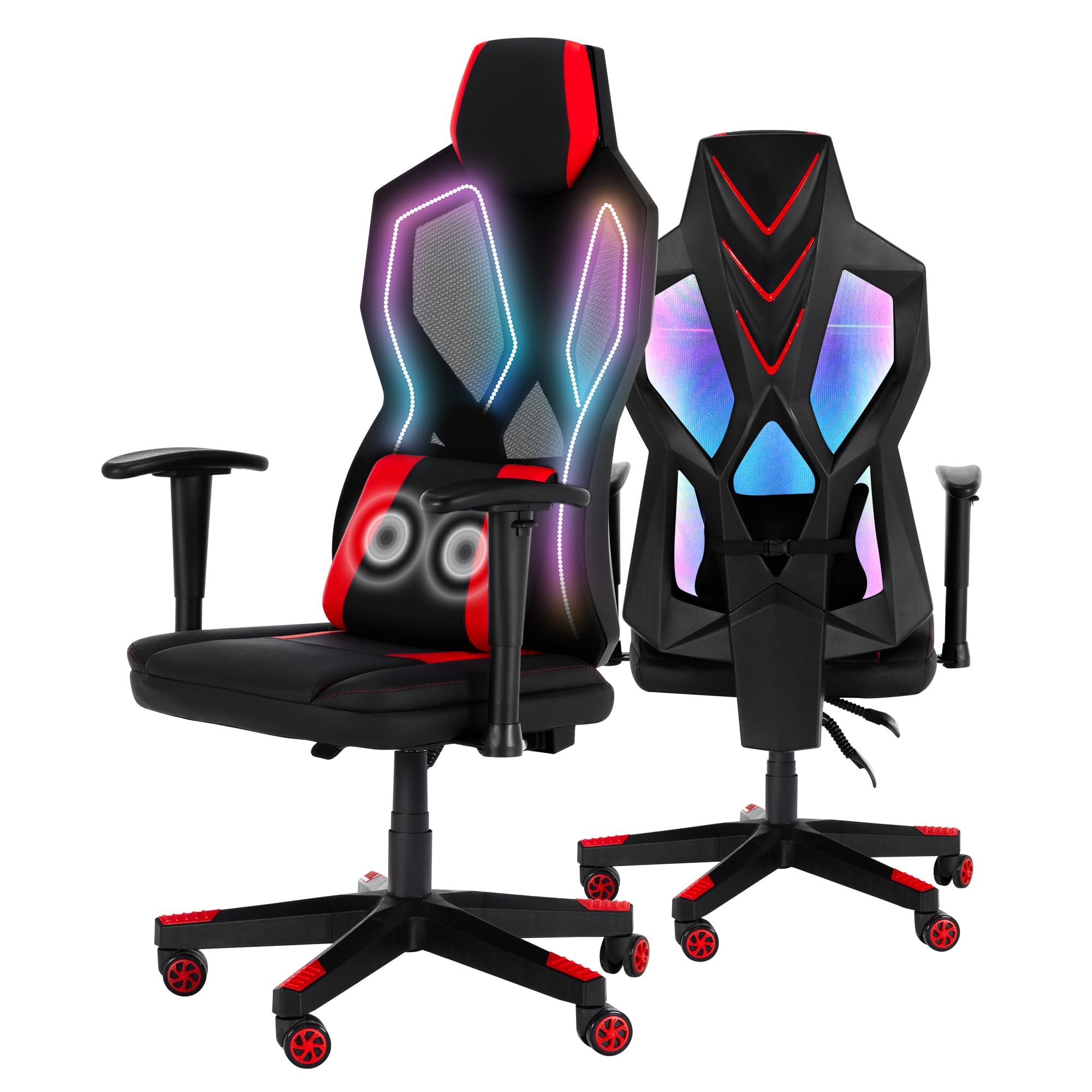 Silla de juegos con luces LED RGB, silla de videojuegos ergonómica para computadora con soporte lumbar de masaje (rojo)