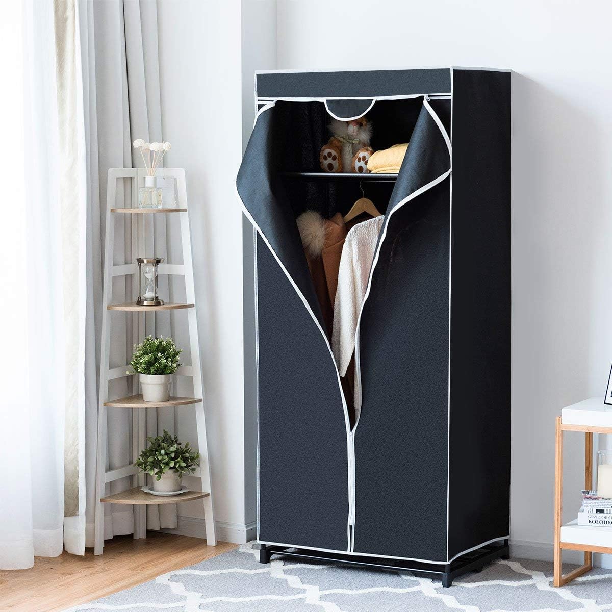 COSTWAY Armario de Tela Plegable 75x50x170cm Guardarropa Closet con Barra para Colgar Ropa Organizador Negro