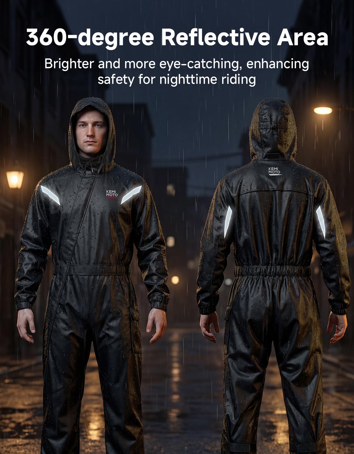 KEMIMOTO Motorrad Regenanzug für Herren, Wasserdicht Regenkombi, Atmungsaktiv Regenmantel, Reflektierende Elemente Regenbekleidung, Regenjacke für Camping, Wandern, Reisen, Radfahren