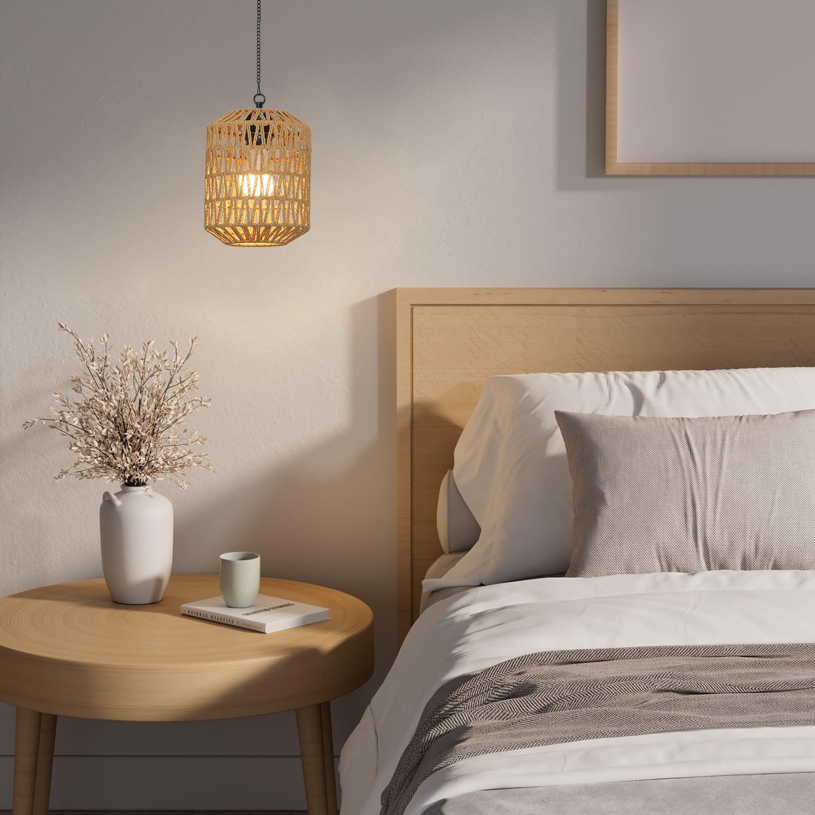 Rayofly 2 Pezzi Lampada a Sospensione Ricaricabile per Interni, Luce a Pendente Boho con Batteria, Lampada Pendente in Rattan senza Attacco Elettrico, Luci da Parco per Esterni con Bulbo e Telecomando