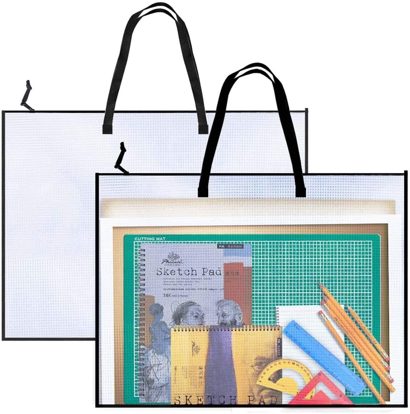 Opret 2 Pack 19x25 inch Art Portfolio Bags, Artwork Storage Case with Handle and Zipper Vinly Mesh Folder Organizers for Bulletin Boards, Scrapbooks, Keepsake and Poster Storage
