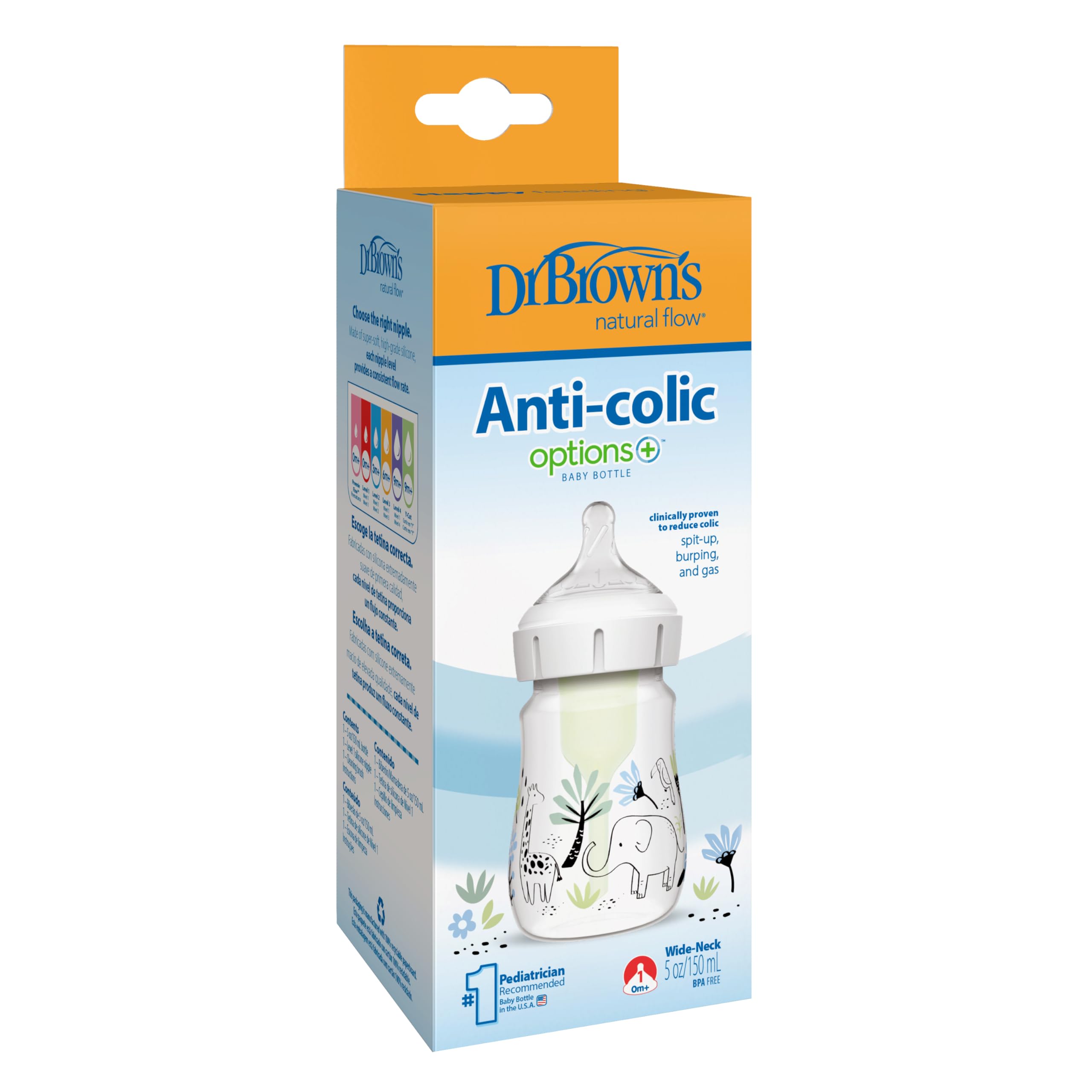 Dr. Brown’s Biberón Anticólicos de Boca Ancha Options+ Selva 150 ml - Sistema Patentado con Ventilación Interna - Tetina Nivel 1 de Flujo Lento +0 Meses - Silicona Médica y Polipropileno Sin BPA
