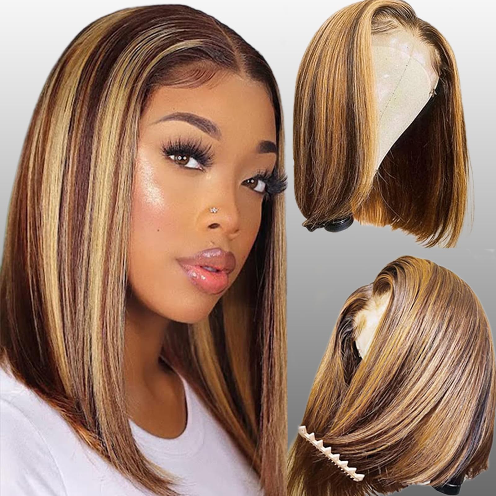 Lace Front Bob Wig Human Hair 13X4 HD Bob Lace Frontal Wig Short Straight Brazilian Virgin Human Hair 150% Density Highlight Ombre P4/27 Color (8 inch) - Image 2