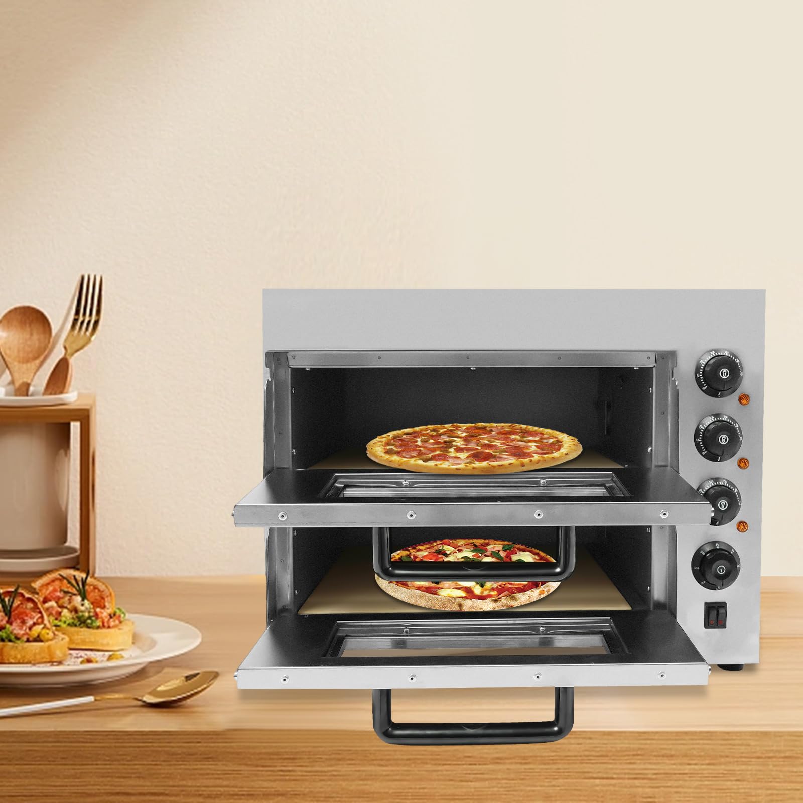 3000 W eléctrico de doble capa mini horno de pizza profesional de acero inoxidable con temporizador y guantes ajustables temperatura 50-350 ℃ ampliamente utilizado en cocinas domésticas, restaurantes