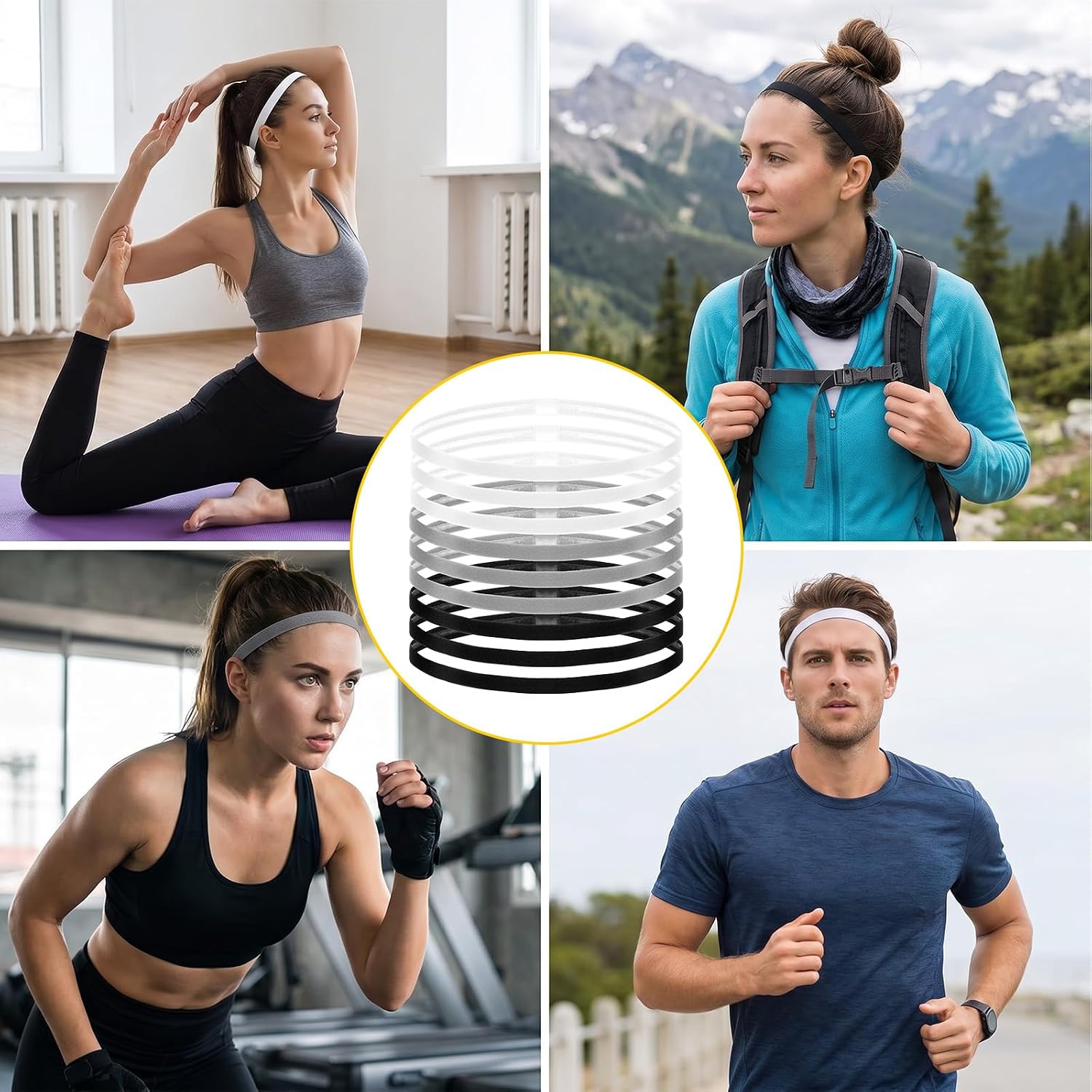 cobee 9PCS Elastic Sports Headbands, Non Slip Thin Elastic Headbands for Women Men Stretchy Skinny Sweatband Athletic Hair Band for Running Workout Tennis Basketball Yoga Soccer