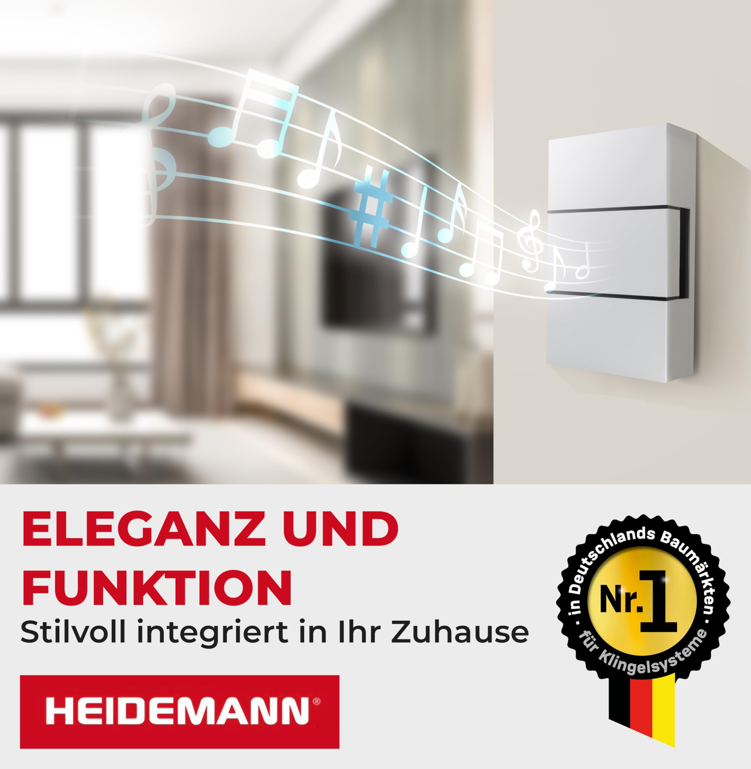 Heidemann Zweiklang-Gong Ibis 230 V (Empfänger, Lautstärke 82 dB, Farbe reinweiß, Türklingel, Gong, Funkklingel) 70011