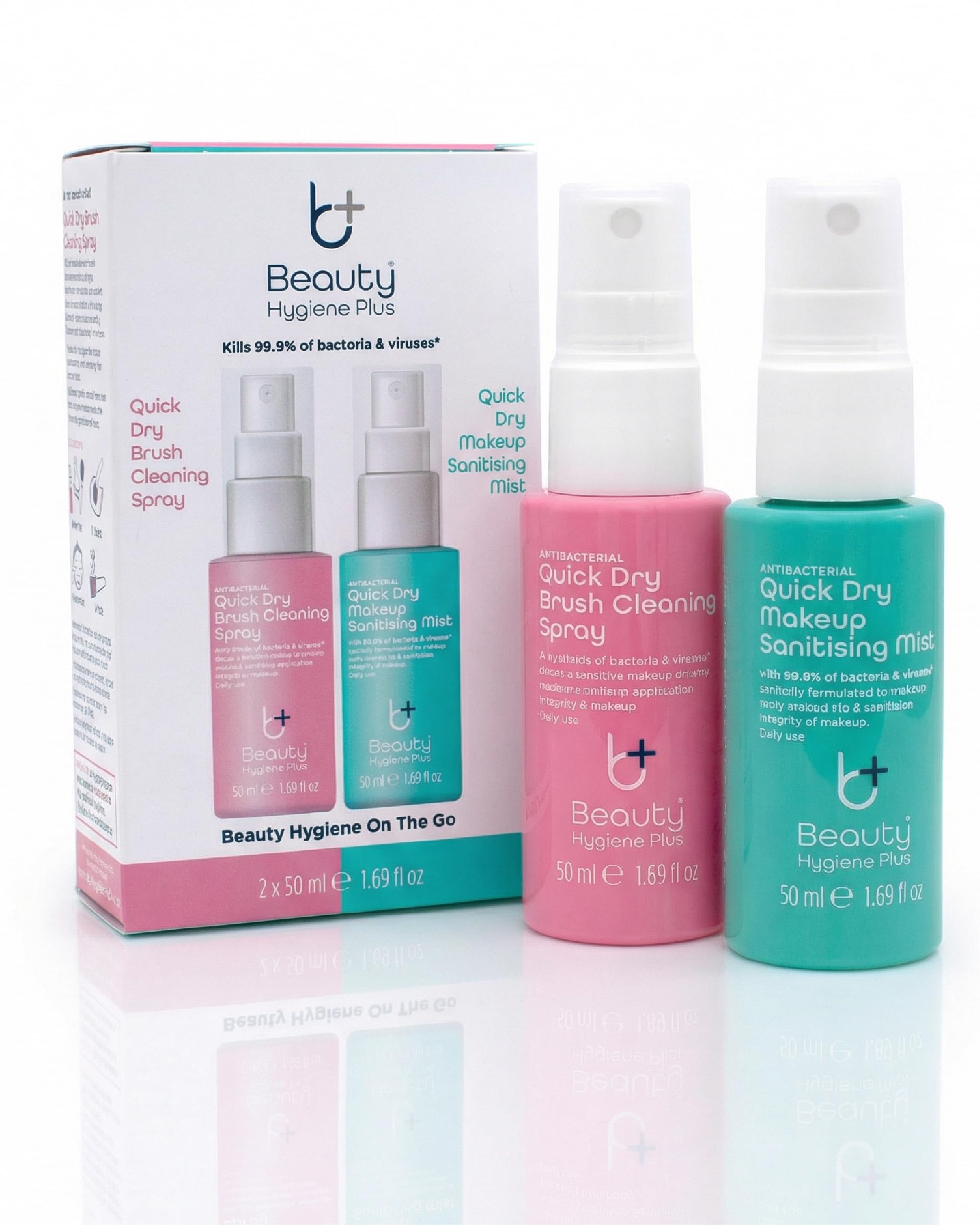 Antibacterial Quick Dry Brush Cleaning Spray & Makeup Sanitising Mist Set - Makeup Brush Cleaner Liquid - Brush Cleaner Solution & Daily Cleanse for Powders, Creams & Gels by Beauty Hygiene Plus