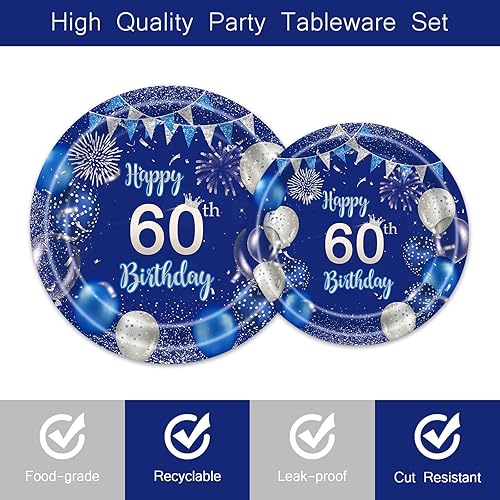 Miniatura 3 de Juego de 96 platos azules para fiesta de cumpleaños 60, servilletas, suministros de feliz cumpleaños, color azul marino y plateado, desechables,