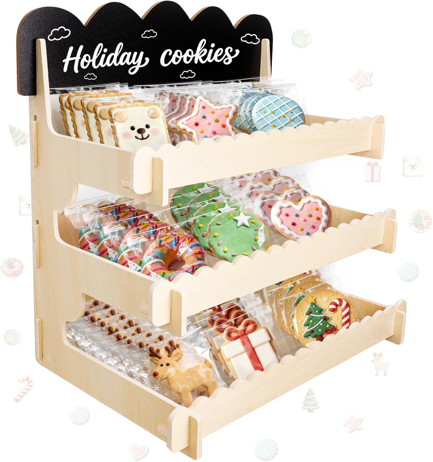 Wooden Cupcake Stand & Cookie Display Stand with Chalkboard Sign - Rustic Farmhouse Holder, Romantic Valentine's Decor with Large Capacity & Easy Assembly for Market Booths, Parties, Weddings, Home