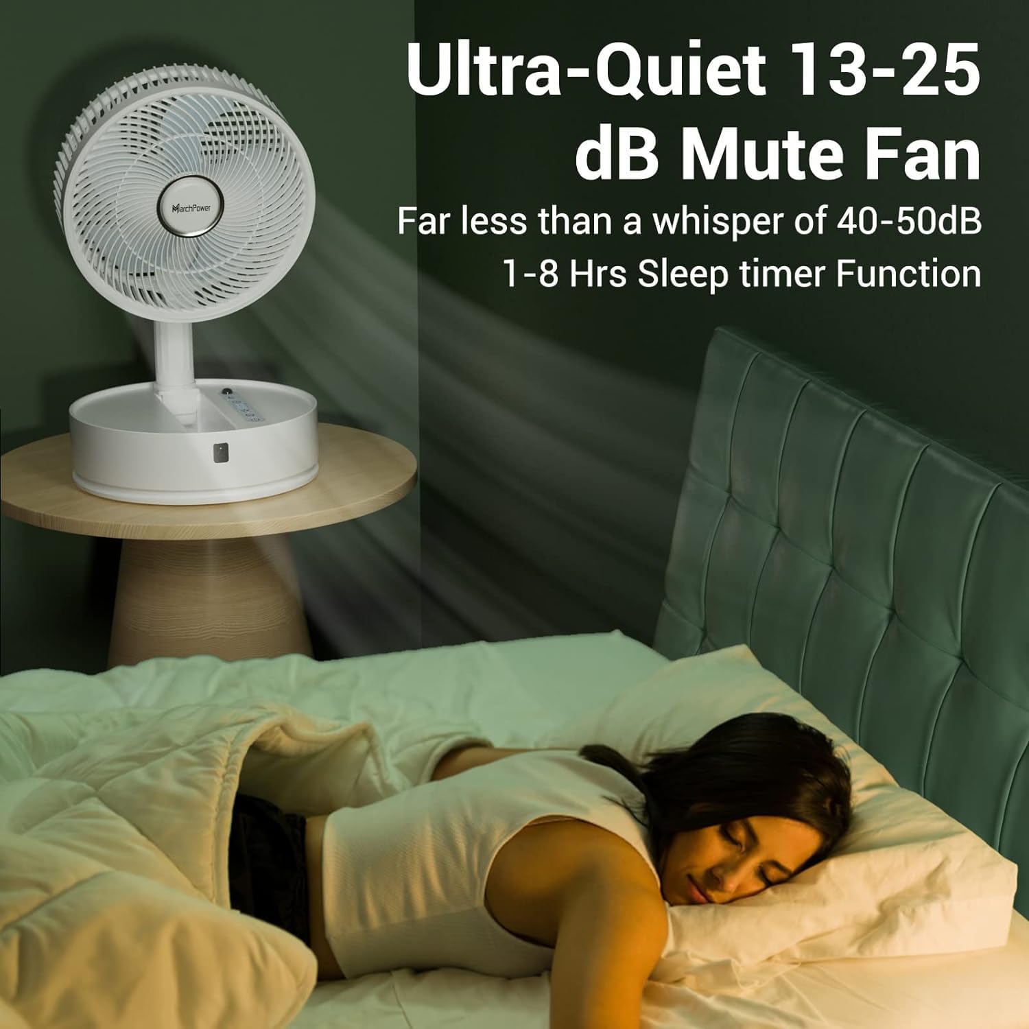 Marchpower Ventilateur Silencieux Portable Pliable Réglable Ø10''/25CM Ventilateur sur Pied Télécommande 5 Vitesses Ventilateur de Table 7200mAh Batterie Rechargeable avec Sac Blanc