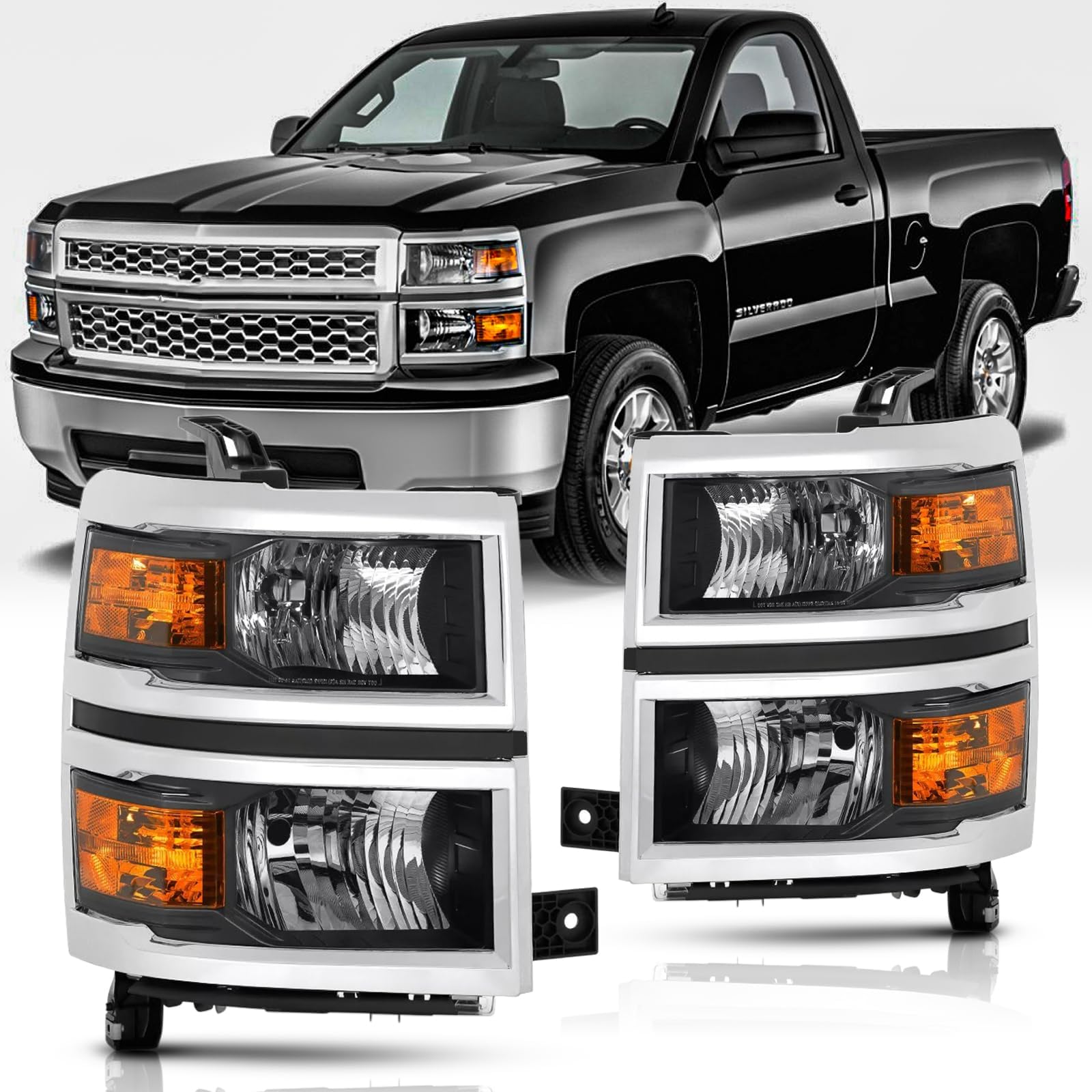 Headlights Assembly Pair for 2014 2015 Chevy Silverado 1500 Halogen Headlamps Head Lights Replacement Driver and Passenger Side,Black Housing Amber Reflector with Chrome Trim