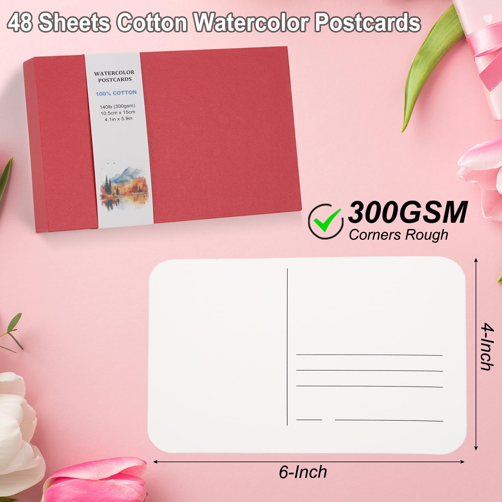 PATIKIL 48 Sheets Watercolor Postcards, 100% Cotton 4x6 Inch Blank Rounded Corners Water Color Paper Post Cards Rough for Mailing Art Painting Drawing, 140lb/300 GSM(Red)