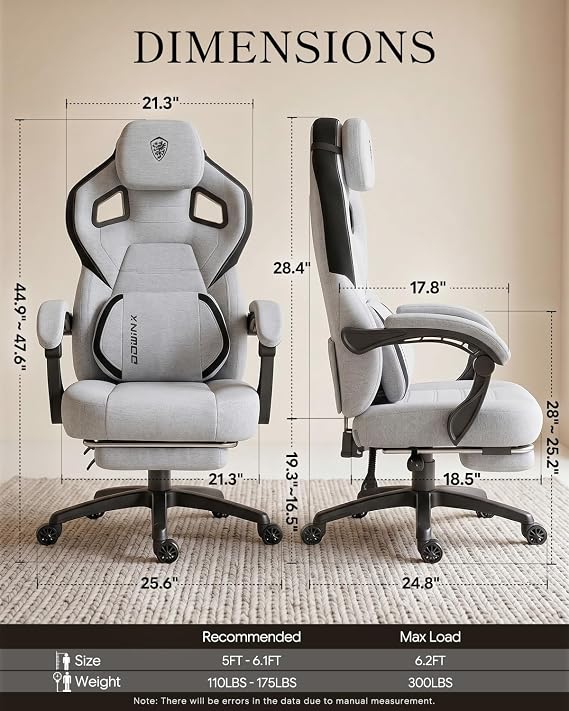 Dowinx Big and Tall Gaming Chair with Footrest, Gray | Breathable woven fabric with lumbar support and extra-wide seat back; big-and-tall frame fits larger, heavier users.