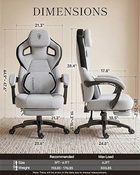 Dowinx Big and Tall Gaming Chair with Footrest, Gray | Breathable woven fabric with lumbar support and extra-wide seat back; big-and-tall frame fits larger, heavier users.