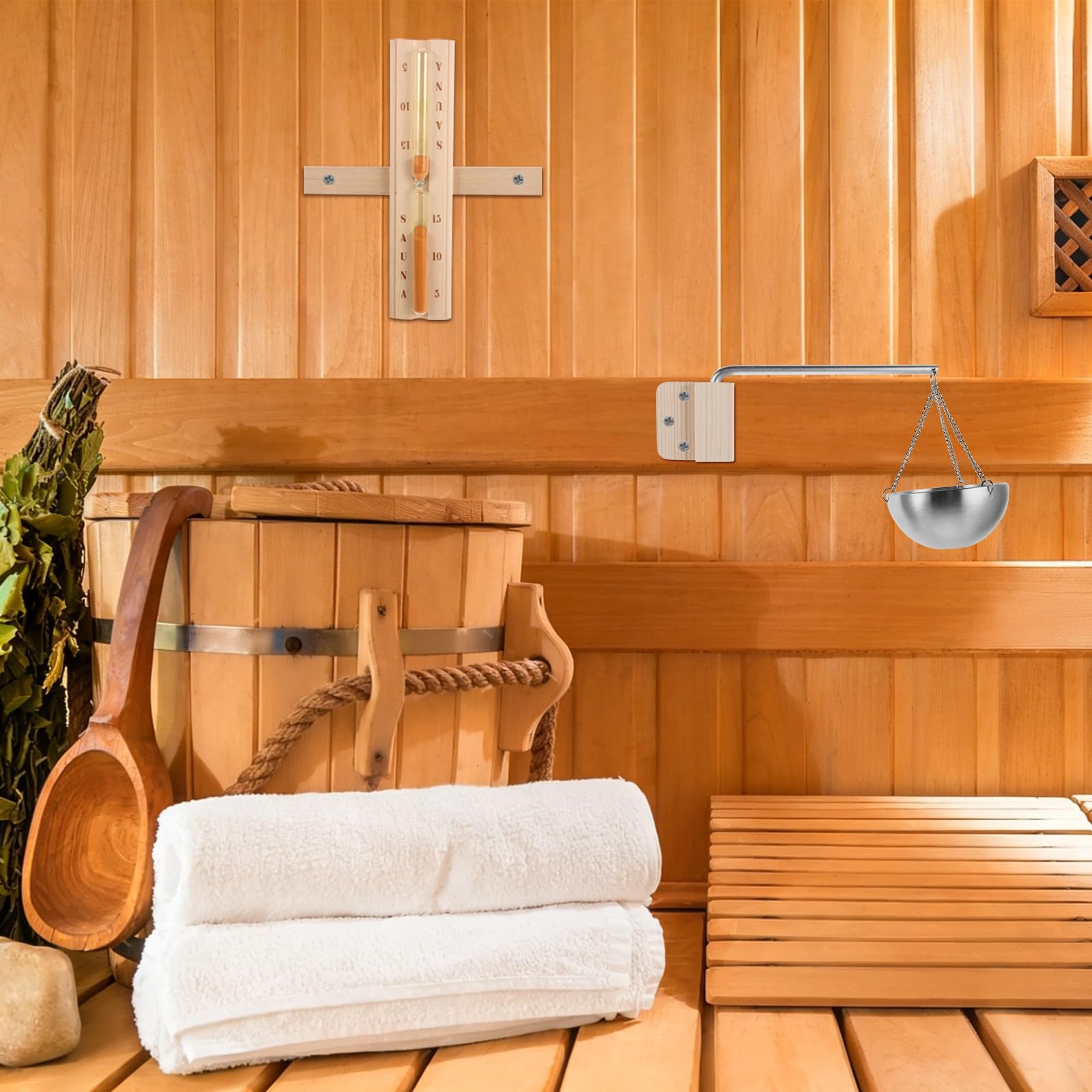 KICHOUSE 1 zestaw klepsydry do sauny i wiszącej misy do aromaterapii - zegar klepsydrowy z drewna - uchwyt na kubek na olejek do sauny z ruchomym ramieniem - artykuły do ​​salonu kosmetycznego