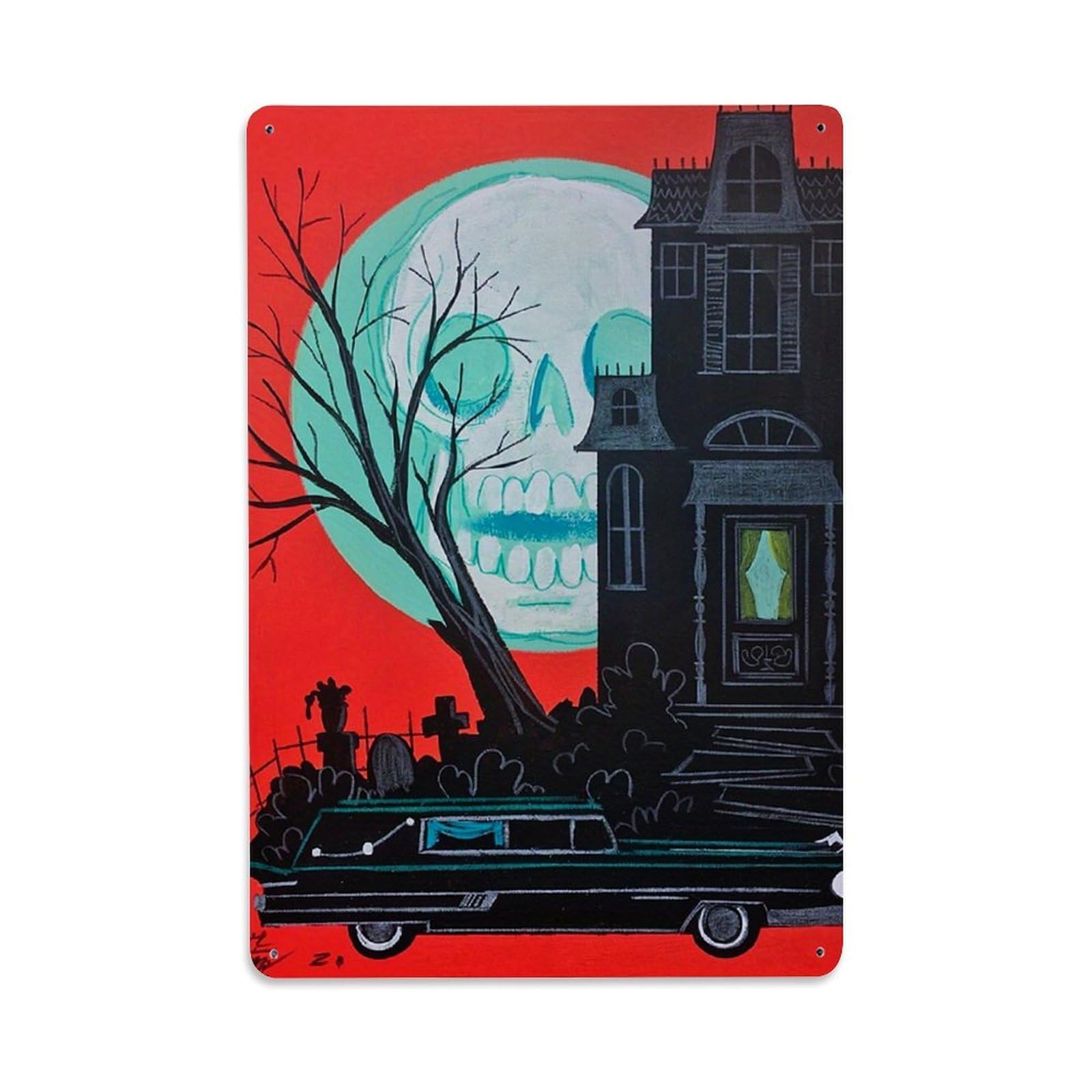 Jdfenggu Vintage Spooky Mansion Moon Skull Tree Retro Metal Tin Sign, Decor Art Poster For Bar, Home, Man Cave, Kitchen, Laundry Room Gift 8X12inch