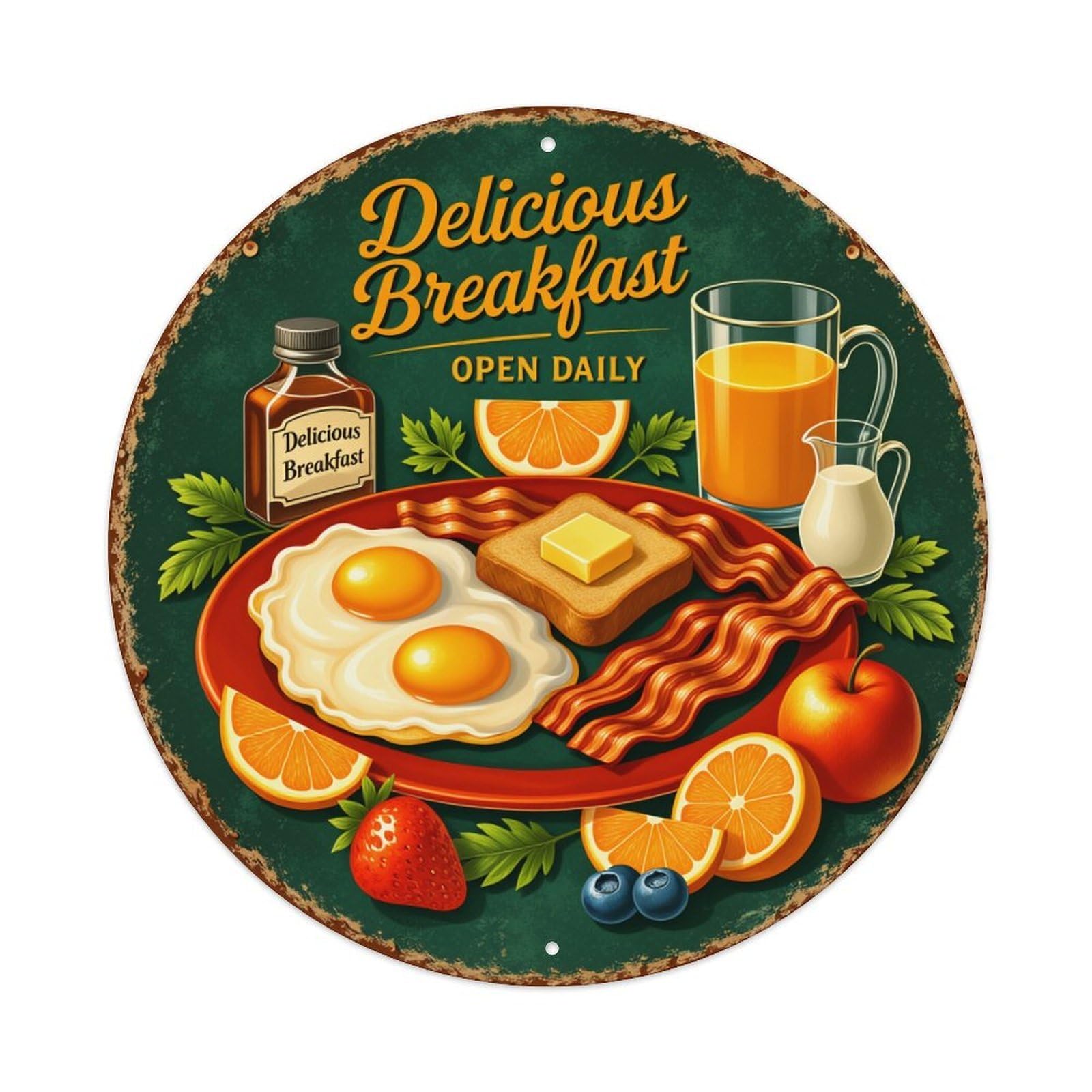 Delicious Breakfast Open Daily Fresh Food Round Tin Sign Vintage Metal Poster, Home Bar Garage Man Cave Cafe Indoor & Outdoor Wall Decoration 8x8Inches