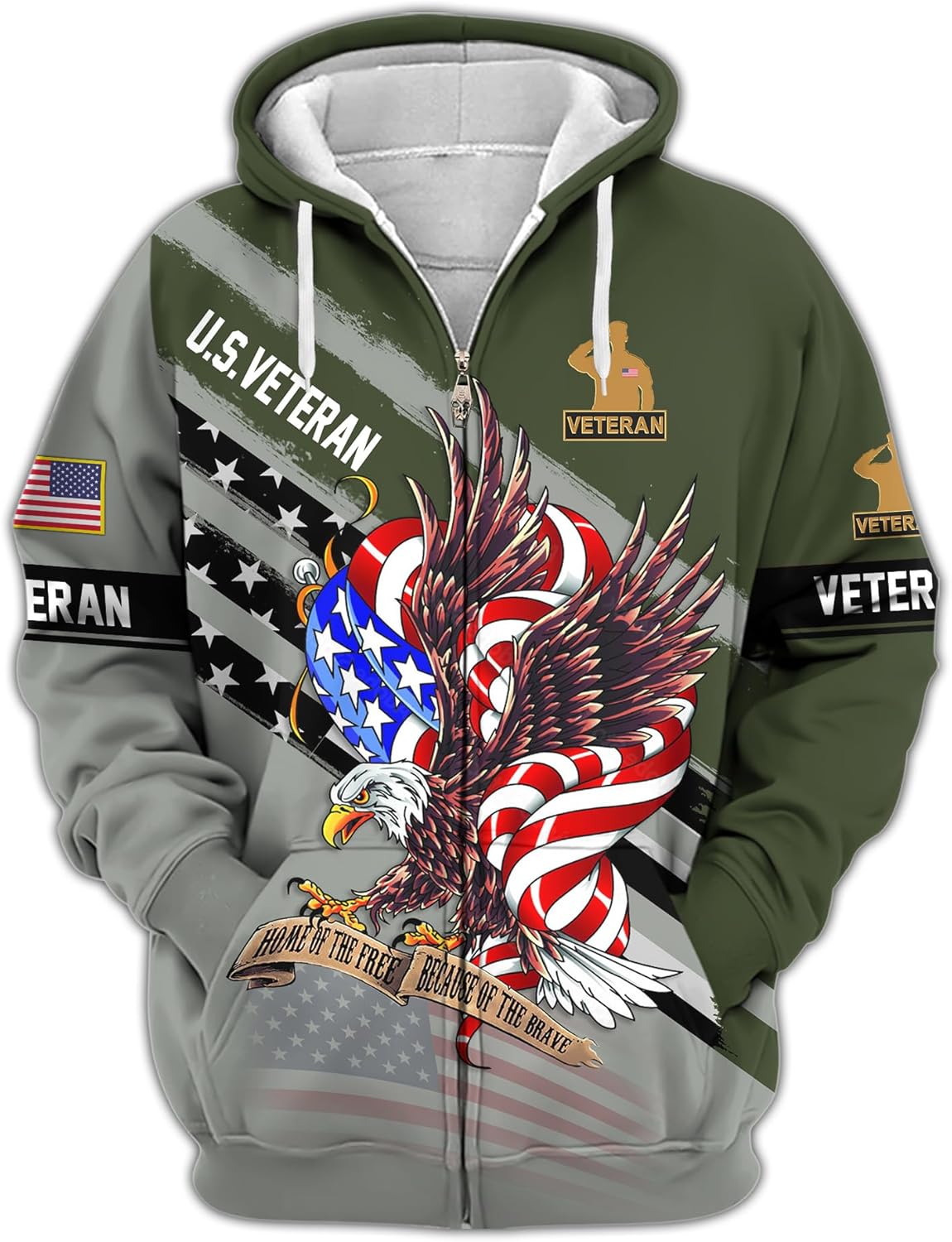 Because Of The Brave Veteran Zip-Up Hooded Sweatshirt Military Hoodies For Men American Eagle Hoodies For Dad Veteran Gifts