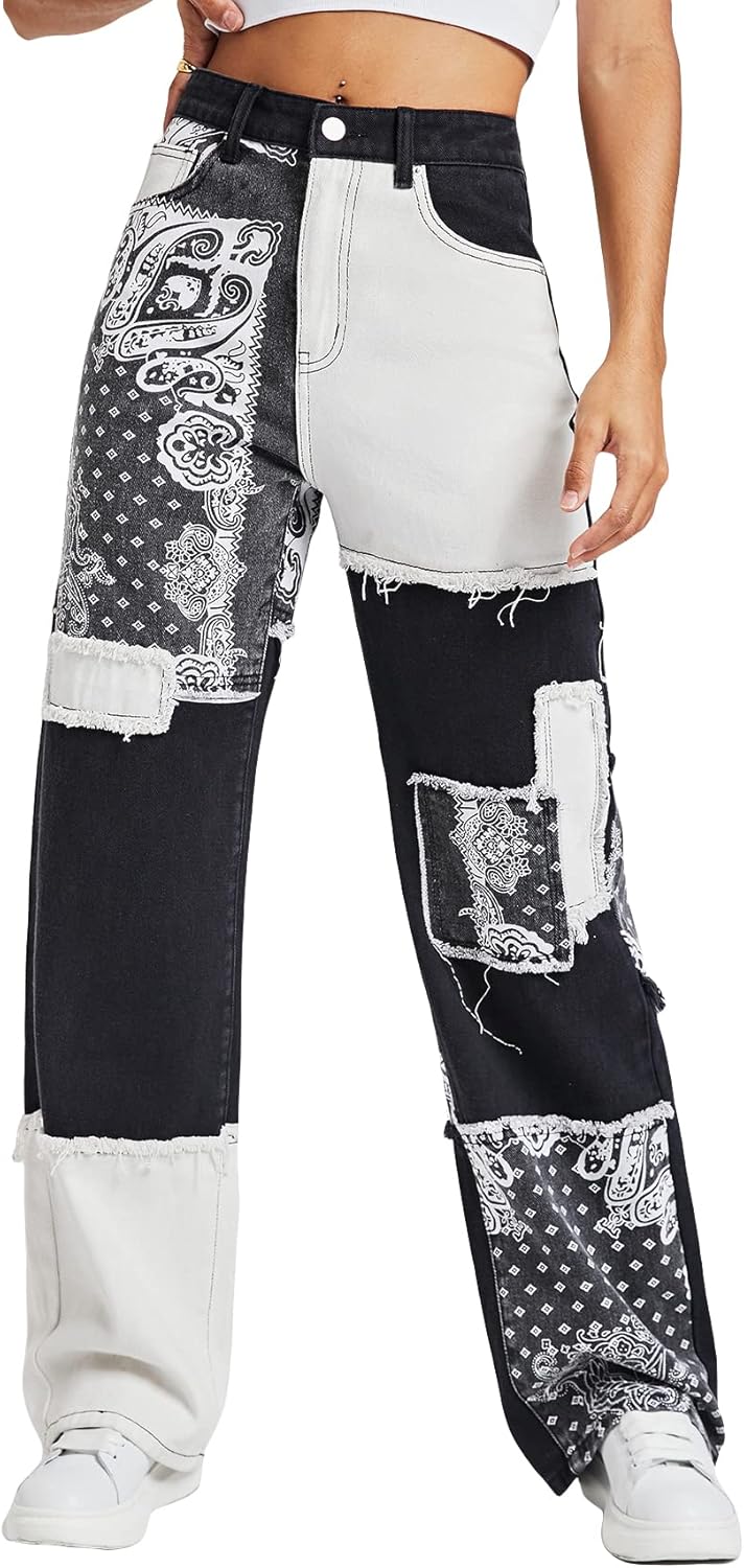 WDIRARA Women's Cow Print Ripped Jeans High Waisted Button Skinny Denim Pants